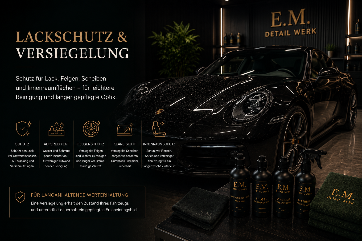 Mobile Fahrzeugaufbereitung Schwarzes Sportauto in Werkstatt, Display mit Autopflegeprodukten, schwarze Reinigungs- und Versiegelungssprühflaschen, Werkstattumgebung, dunkle Beleuchtung, grüne Pflanze im Hintergrund.