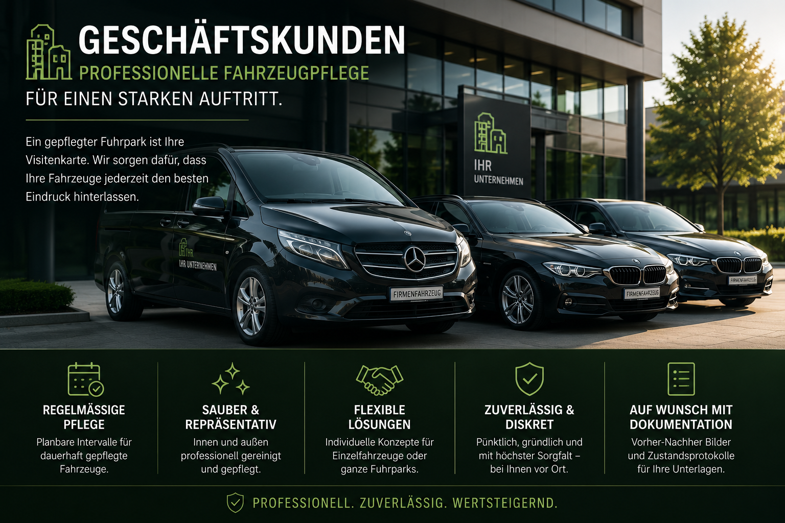 Bild von drei schwarzen Firmenfahrzeugen vor einem modernen Bürogebäude mit viel Glas. Text auf dem Bild bewirbt professionelle Fahrzeugpflege für Geschäftskunden, inklusive Leistungen wie regelmäßige Pflege, saubere und repräsentative Fahrzeuge, flexible Lösungen, zuverlässiger und diskreter Service, sowie Dokumentation auf Wunsch.