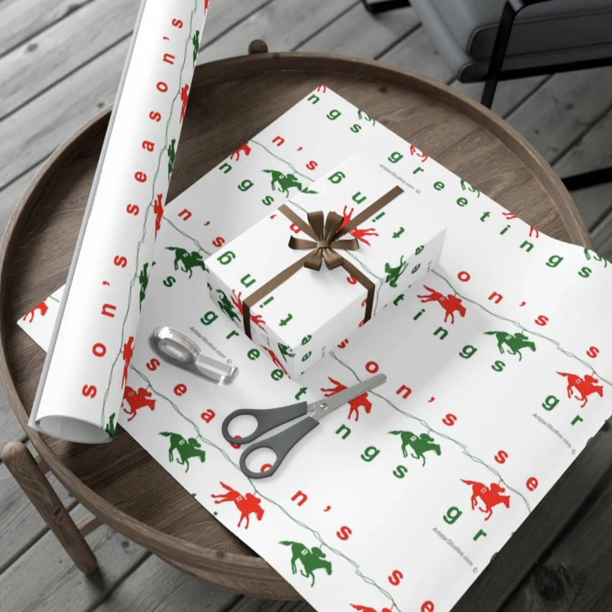 Festive Thoroughbred Red & Green Galloping, Gift Wrap