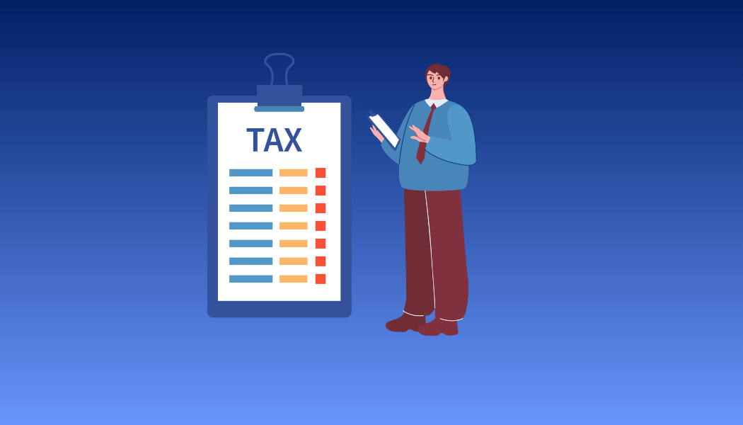 Illustration of a man holding a clipboard standing next to a large tax form on a clipboard with a blue background.