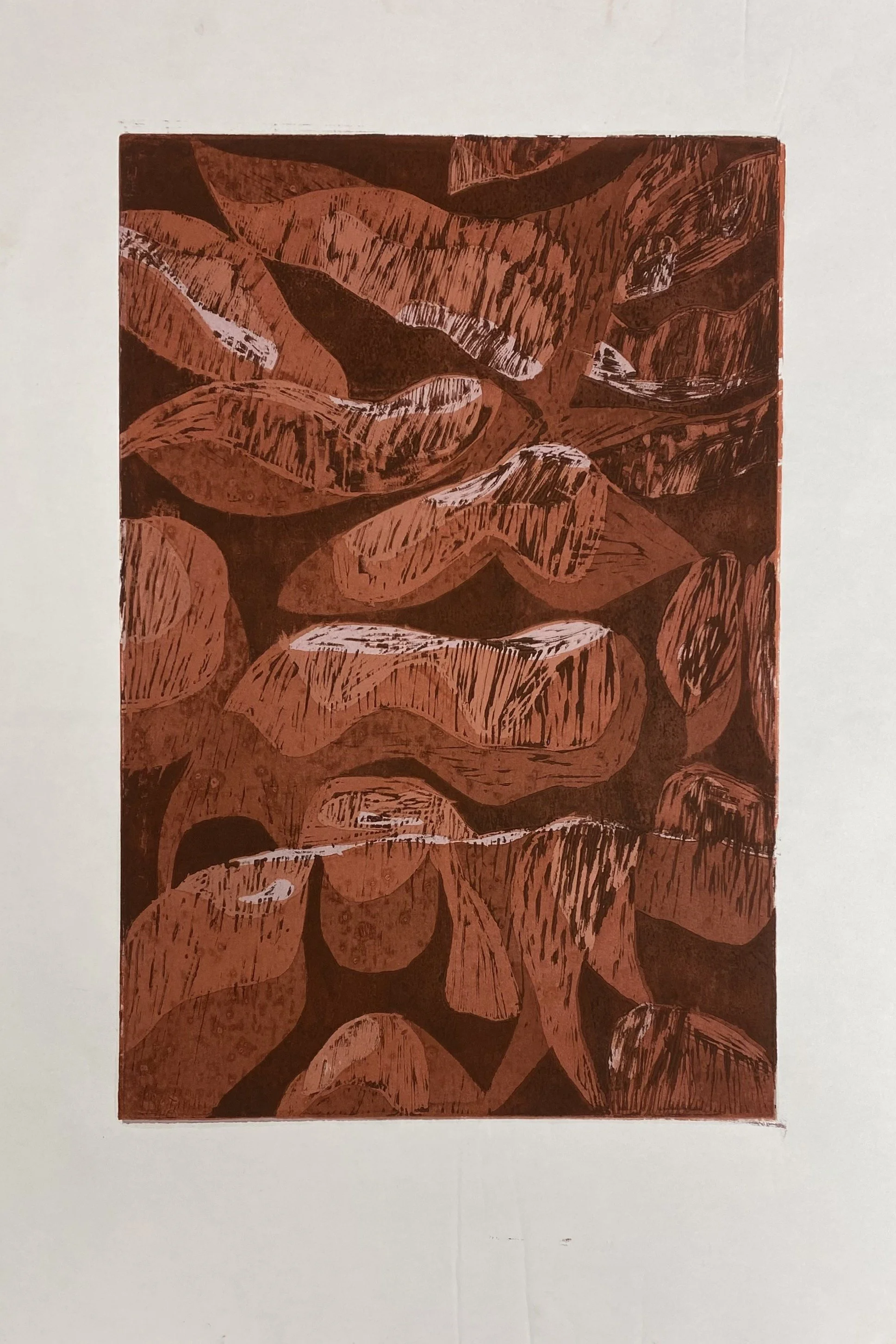 Woodcut 2 (2025), Woodcut and Oil Paint on Paper, 23.4x33in