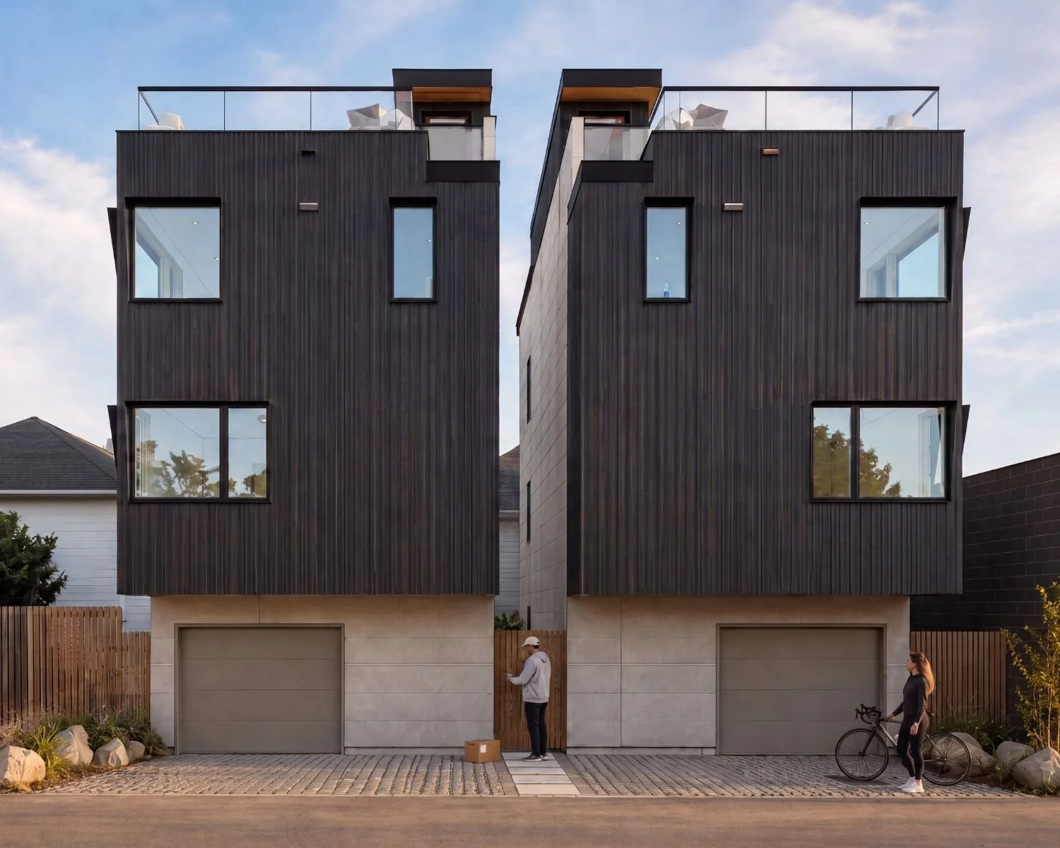 Two modern, black cube houses with large windows and garages. A person stands by one door; another walks a bike on the right.