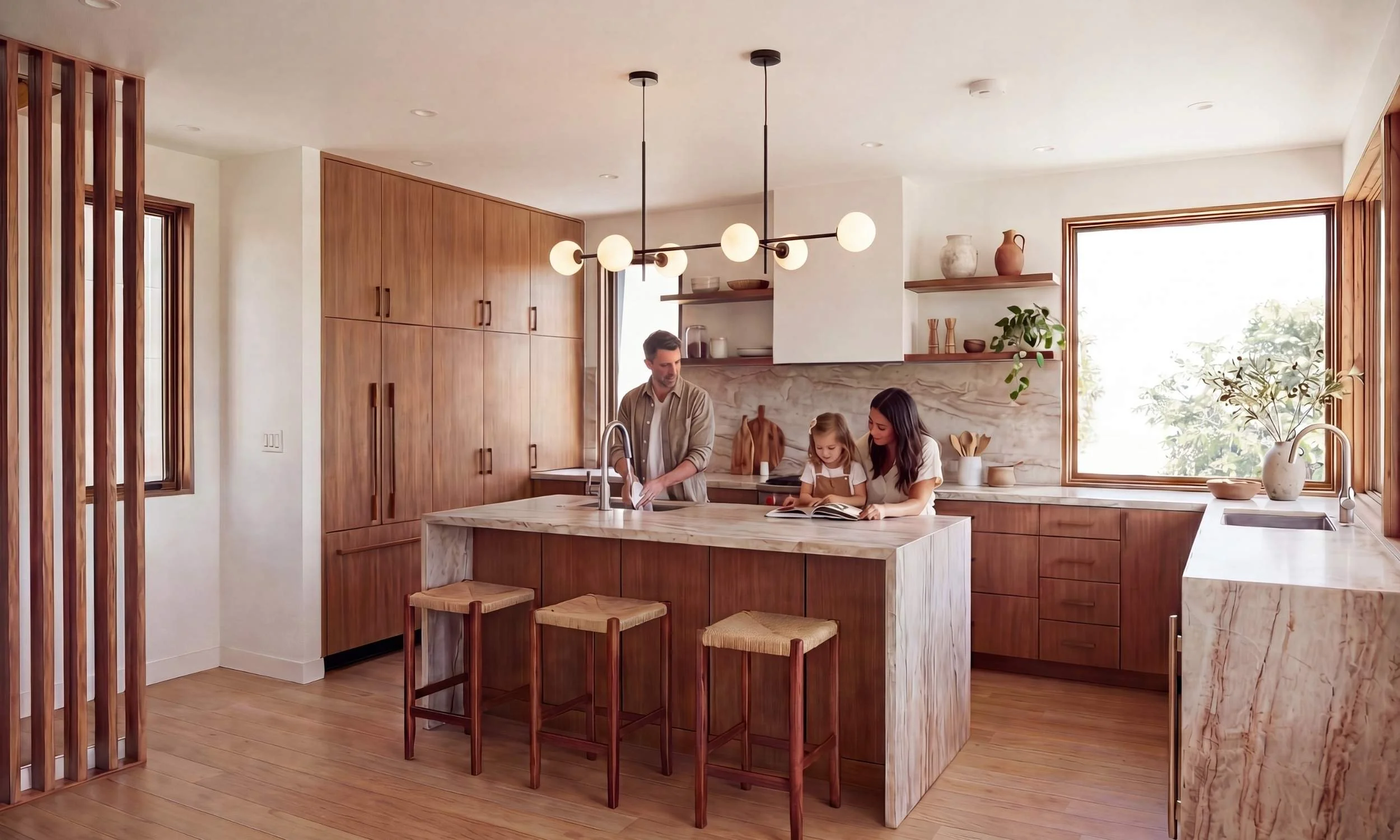 A family of three spends time together in a modern kitchen with wood cabinets and a marble island.