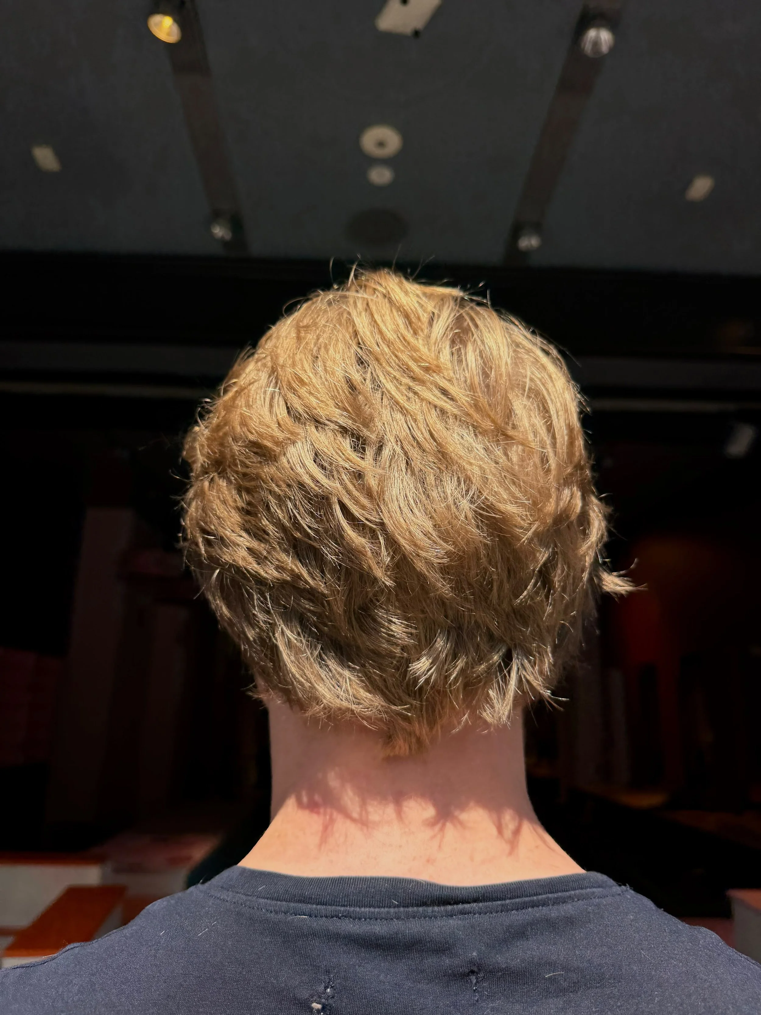 Back view of a person with short, wavy, blonde hair, wearing a dark gray shirt, sitting with their head slightly bowed in a room with dark walls.