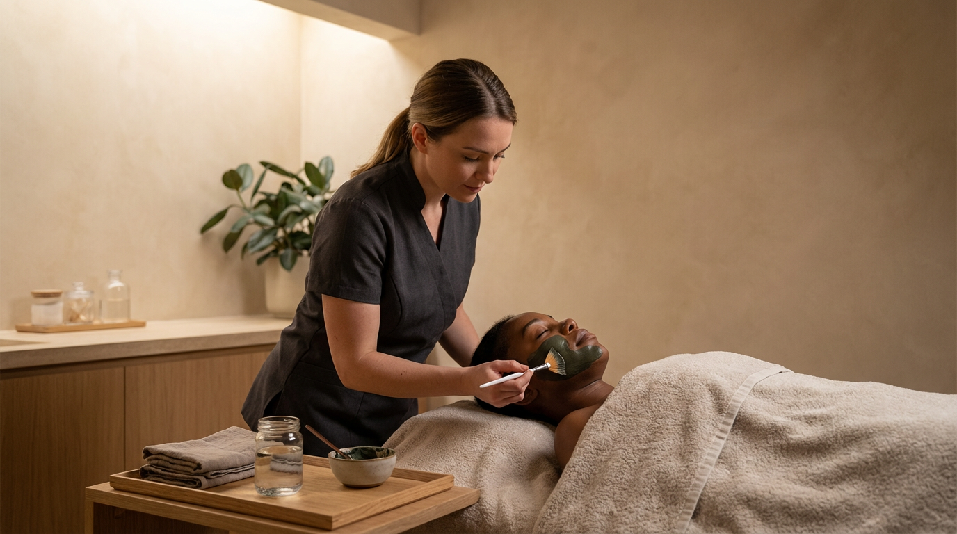 A woman in a black spa uniform applies a green facial mask to a woman lying on a massage table in a spa treatment room.
