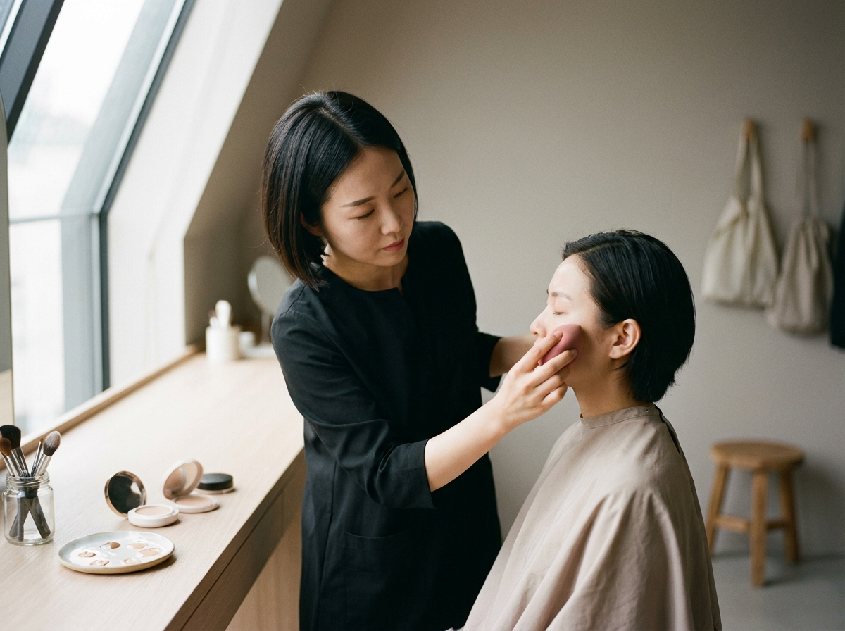 Makeup artist applying makeup to a woman sitting with eyes closed in a makeup studio