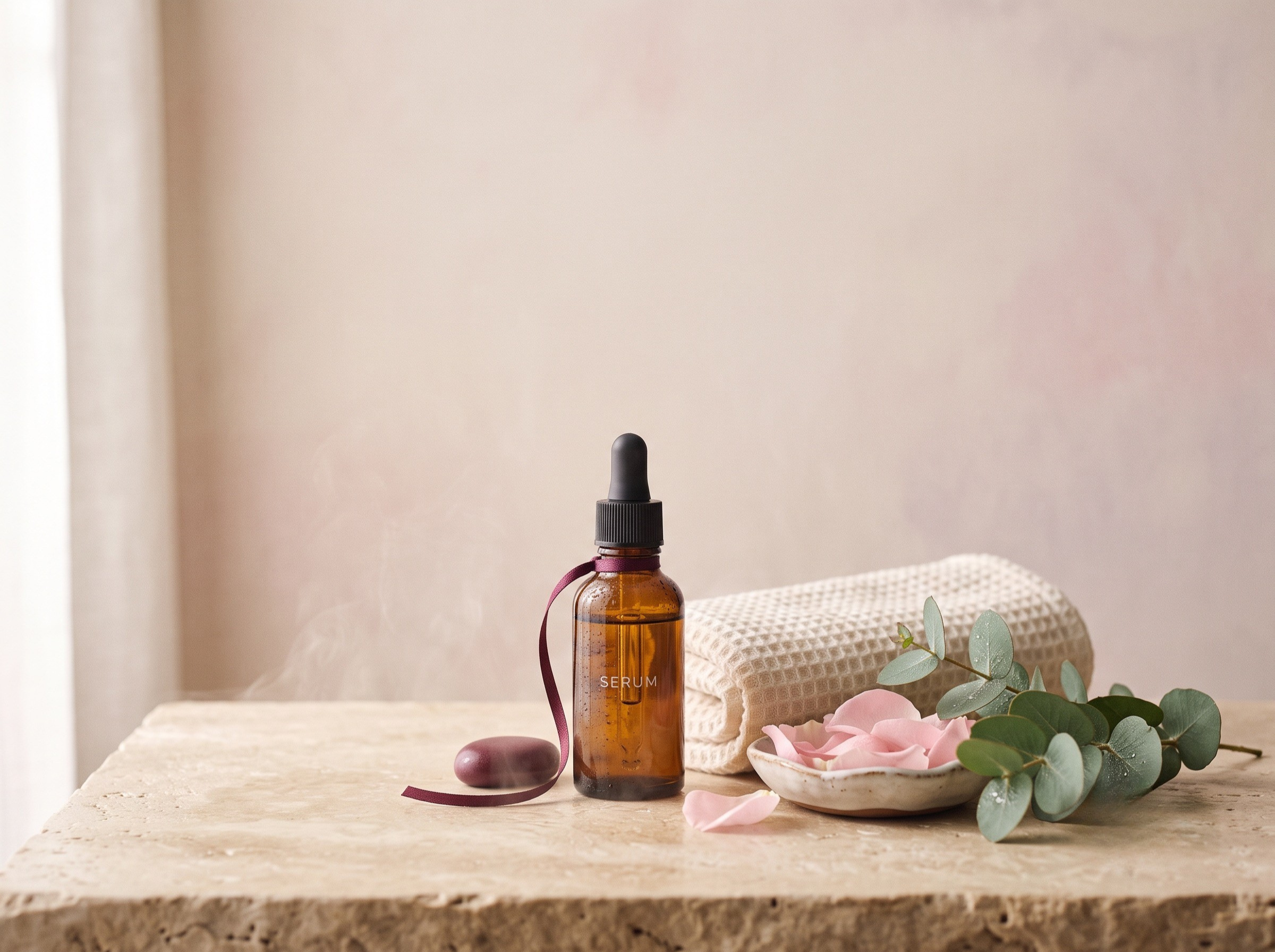A brown glass serum bottle with a black dropper cap on a beige stone surface, accompanied by pink flower petals, eucalyptus leaves, a piece of pink quartz, and a folded cream-colored towel.