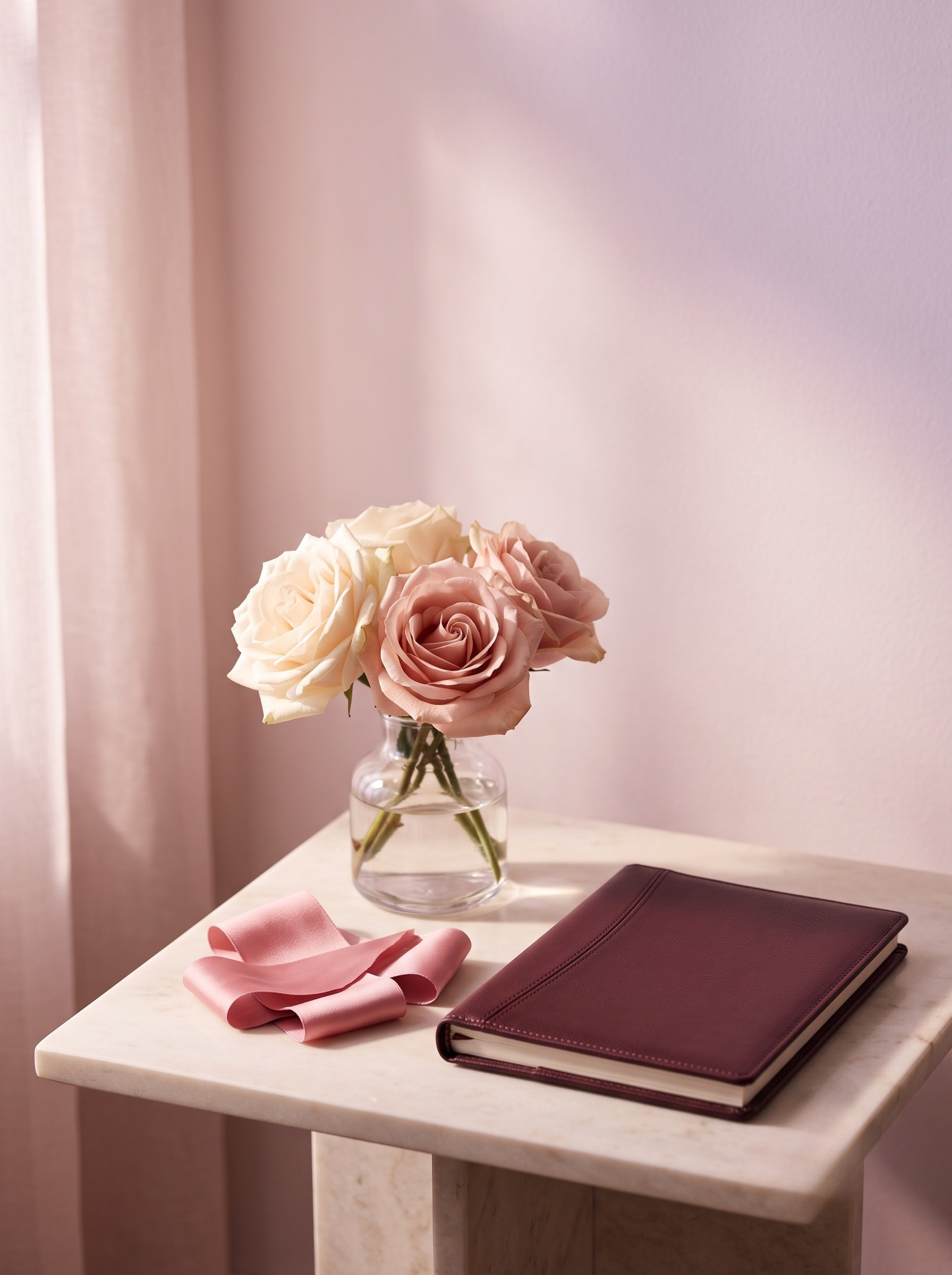 A white marble table with a glass vase of pink and white roses, a burgundy planner, a pink ribbon, and a brown notebook, set against a soft pink wall.