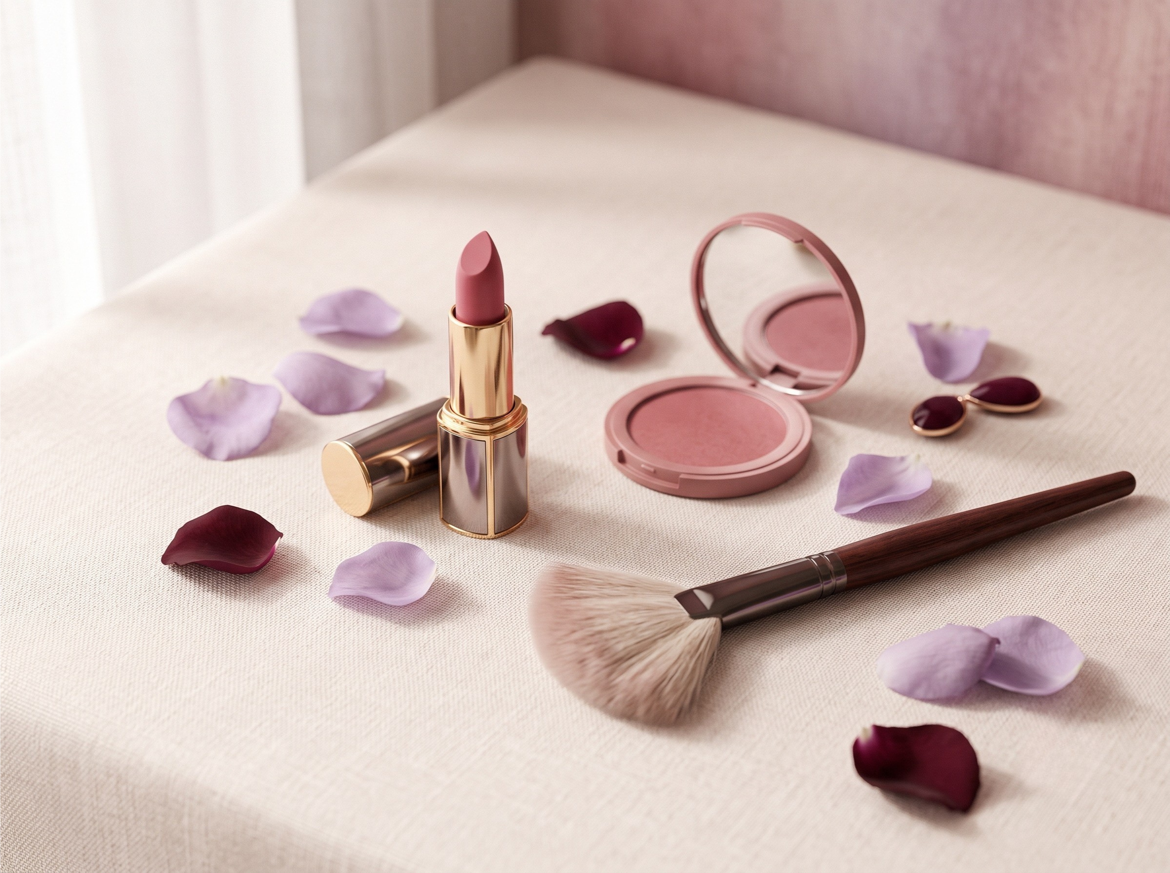 Pink lipstick in gold case, pink blush compact with mirror, makeup brushes, and scattered rose petals on a white surface.