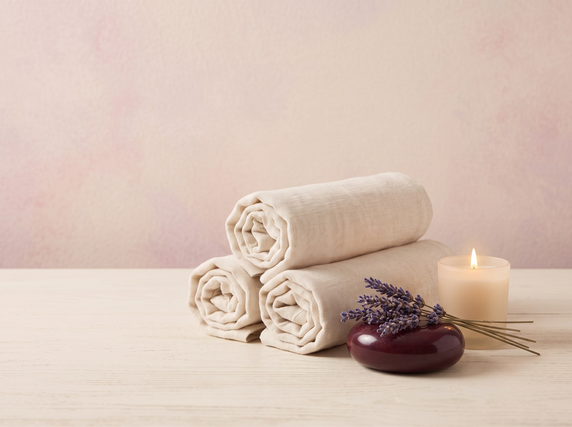 Stacked beige towels, a lavender sprig, and a lit candle on a white wooden surface against a soft pink wall.