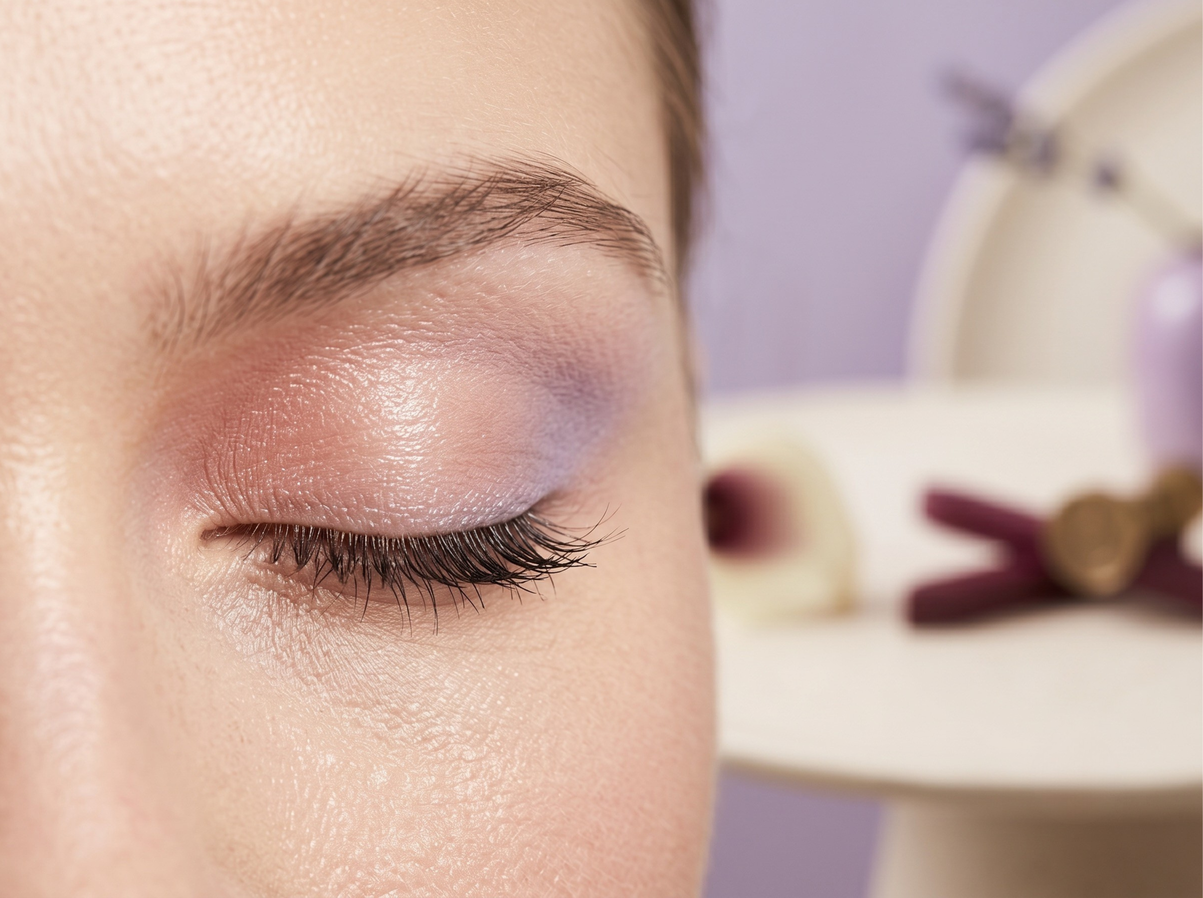 Close-up of a person's closed eye with long eyelashes and well-groomed eyebrow, with a blurred background and skin visible.