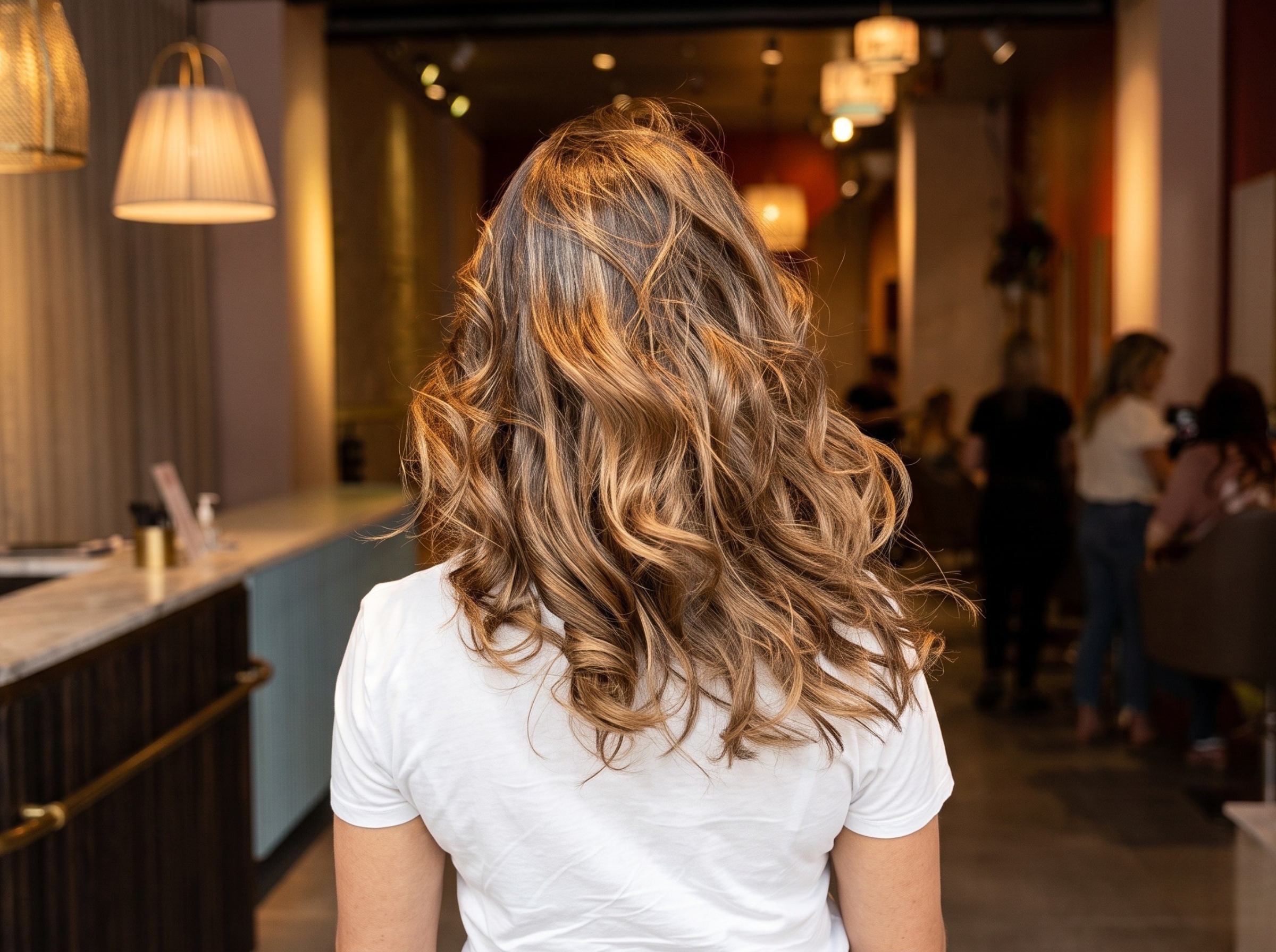 Back of a woman with long, wavy, light brown hair wearing a white top in a modern indoor setting with warm lighting and people in the background.