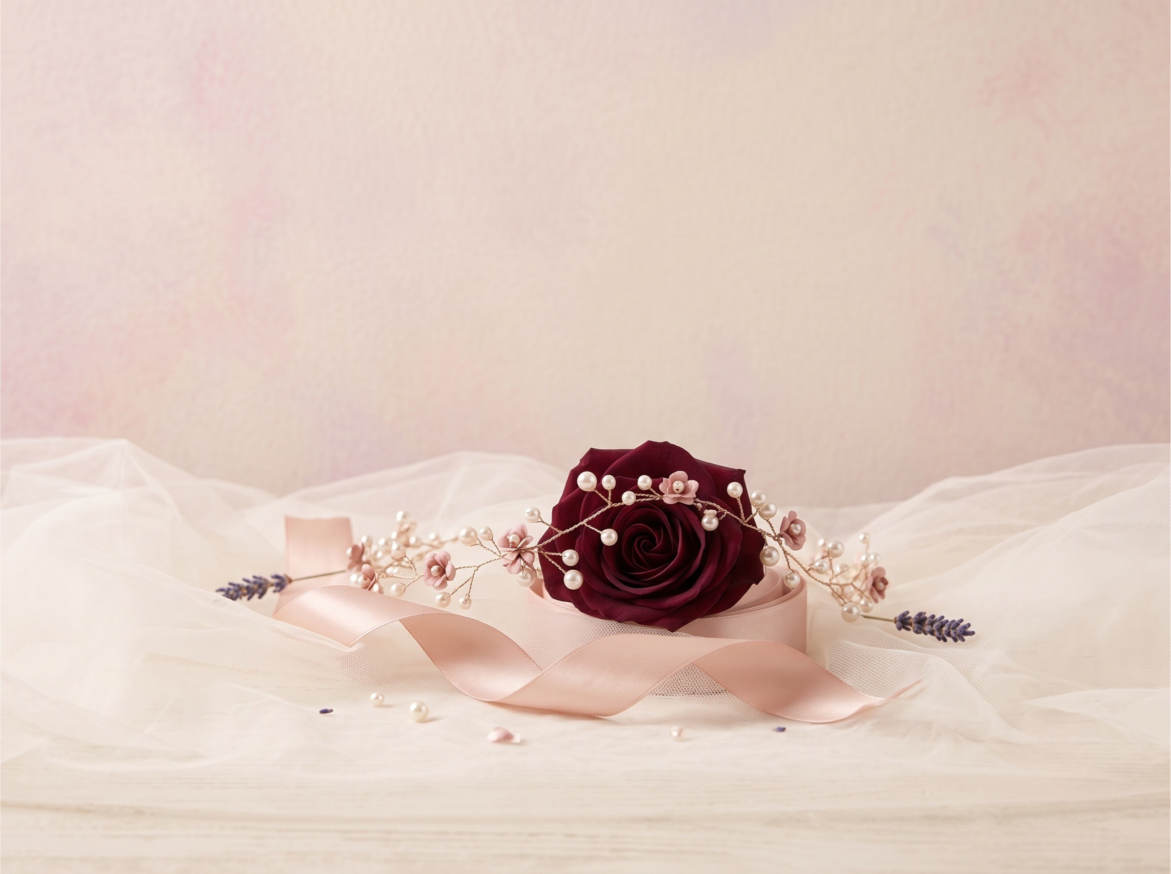 Pink satin ribbon, a burgundy artificial rose, pearls, small pink flowers, and sprigs of lavender on white tulle fabric.
