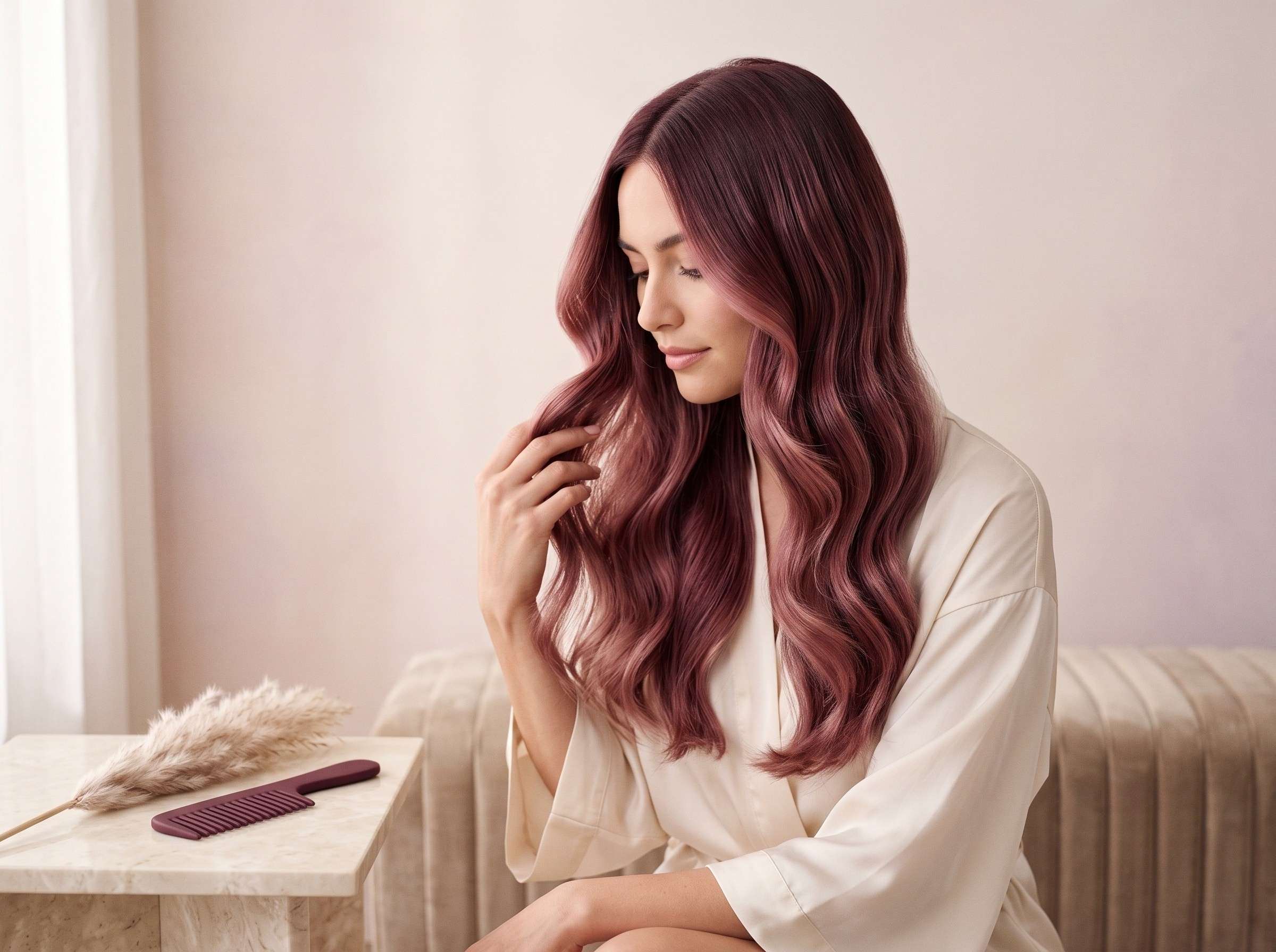 A woman with long, wavy, burgundy-colored hair sitting by a marble countertop, looking down with her eyes closed, in a softly lit room.