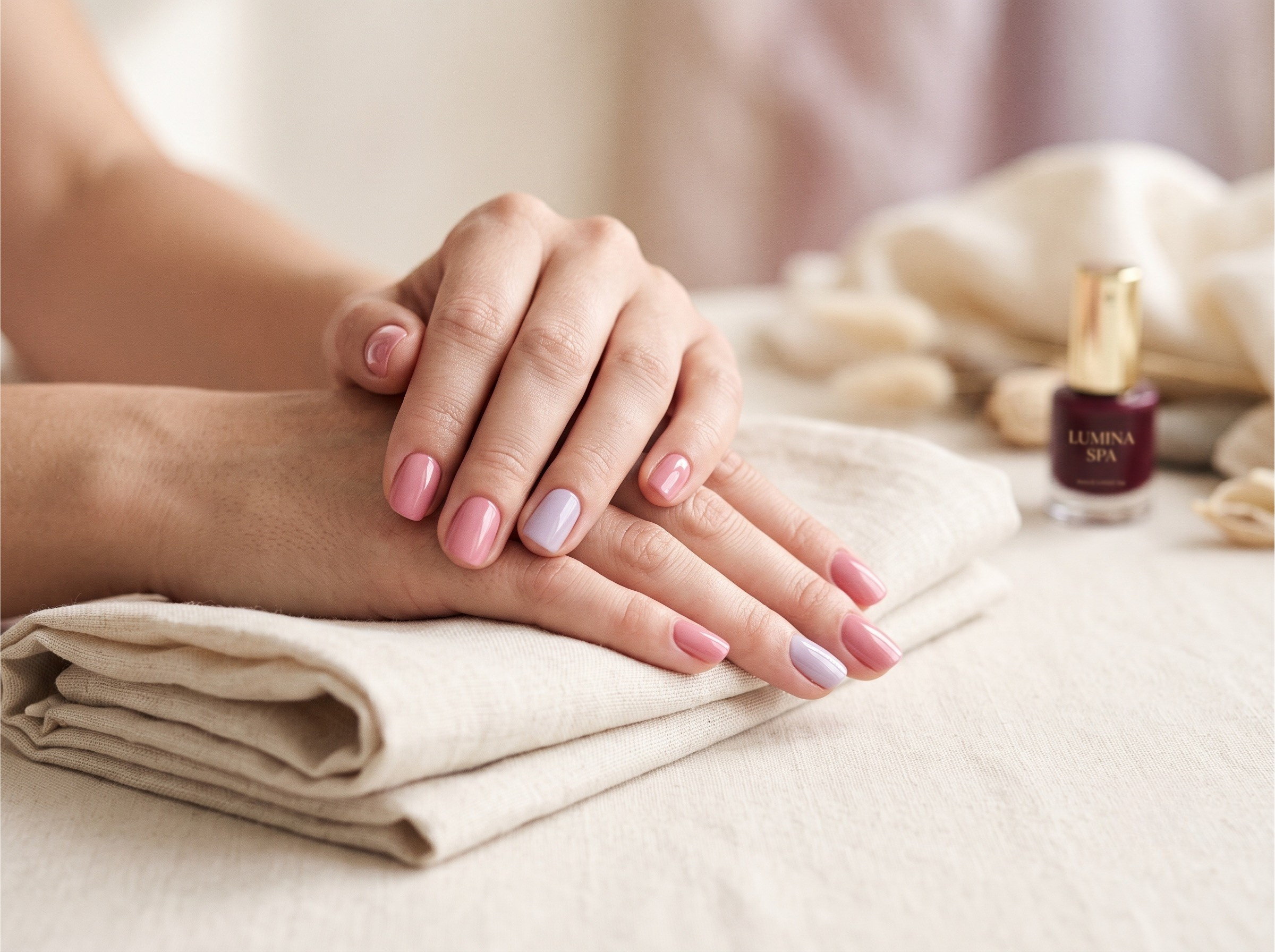 A close-up of a woman's hand with manicured nails resting on a folded beige cloth, with a bottle of burgundy nail polish labeled 'Lumina Spa' in the background.