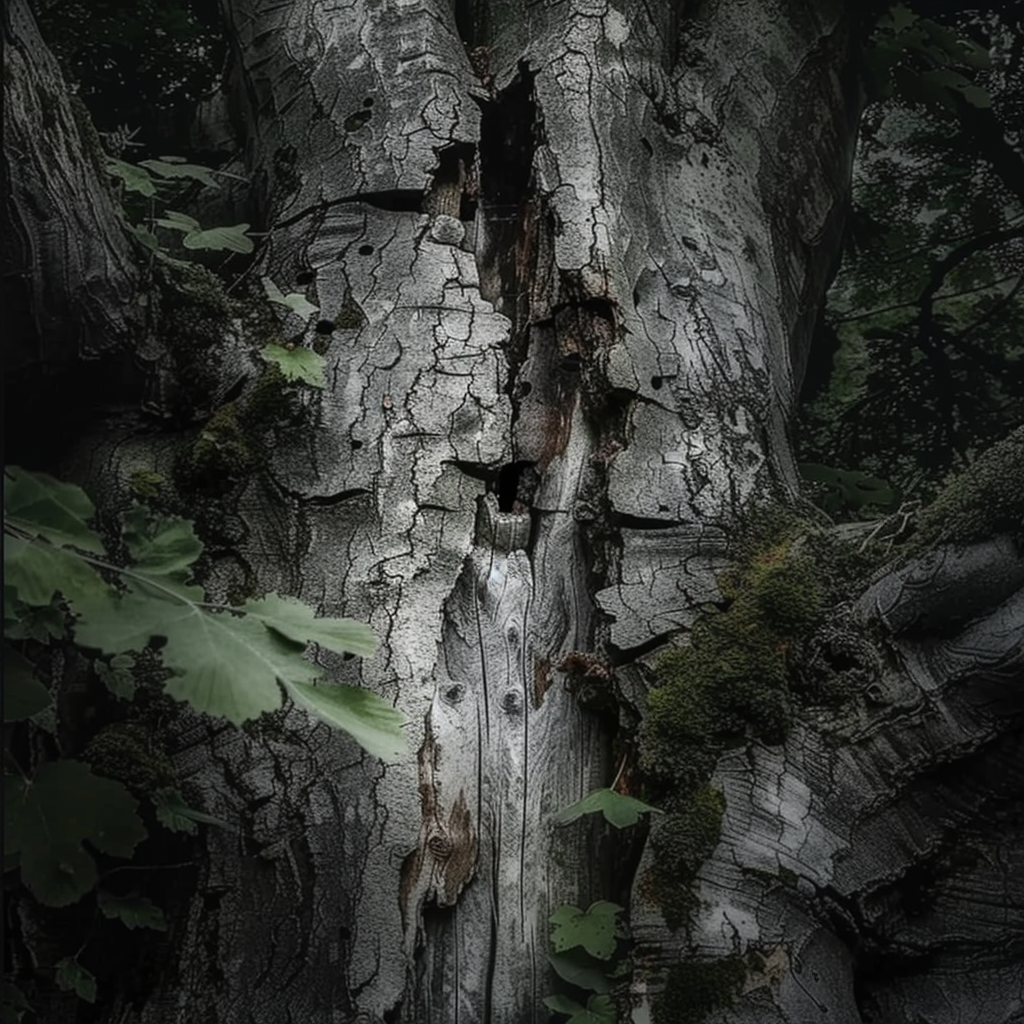 Tronc d'arbre vieux avec écorce fissurée, entouré de feuilles vertes et de mousse.
