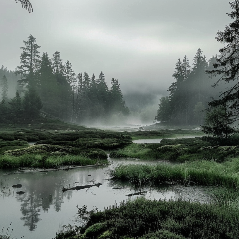 Paysage naturel avec des arbres, une rivière et de la brume dans une forêt verdoyante.