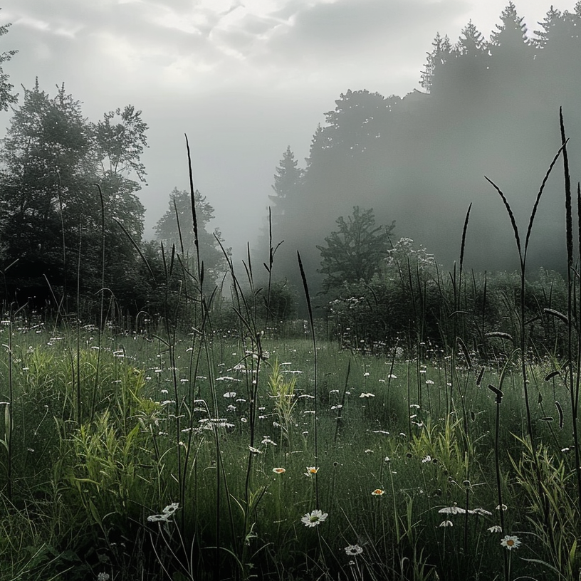 Une clairière verdoyante avec des fleurs blanches, entourée d'arbres et de brume matinale sous un ciel nuageux.