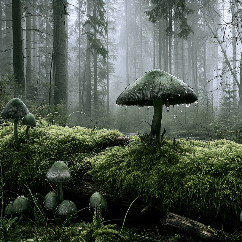Champignons verts dans une forêt humide, recouverts de gouttes d'eau, avec des arbres en arrière-plan.