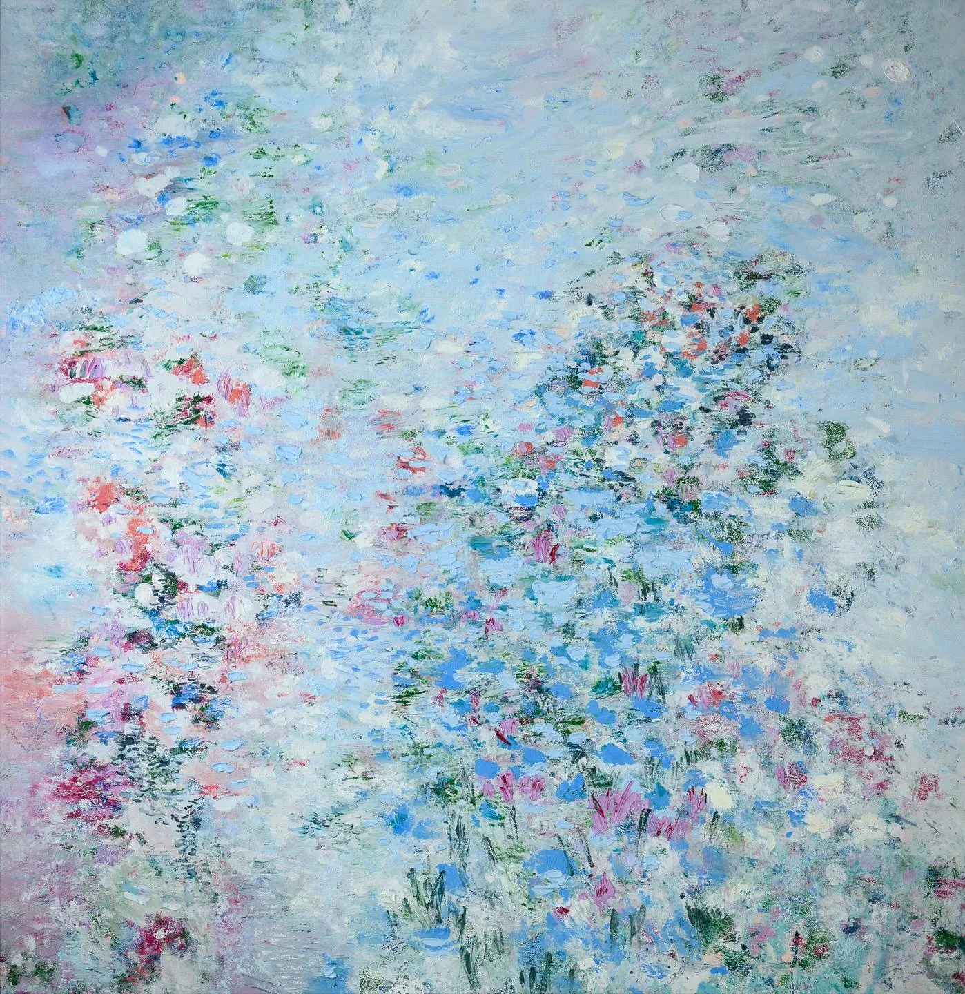 Impressionist painting of a pond with pink, blue, and white water lilies and green foliage