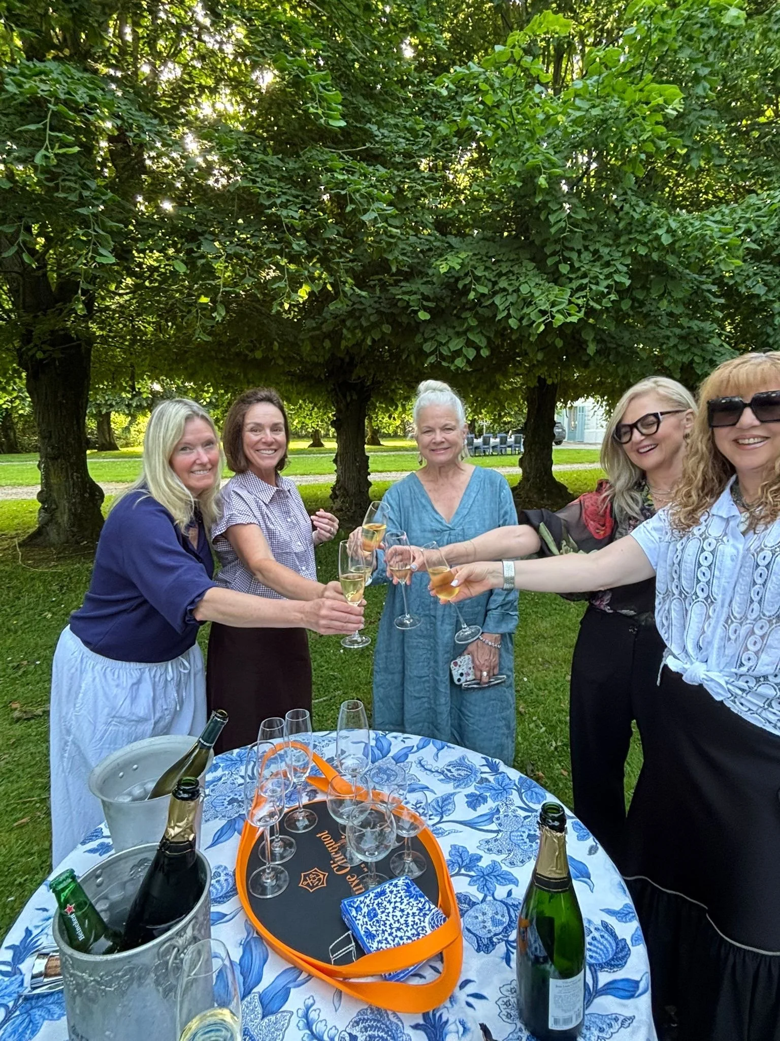 Five women celebrating outdoors at a gathering, holding glasses of champagne or wine, in a lush green park with large trees, a table with drinks and bottles, and a bright, sunny background.