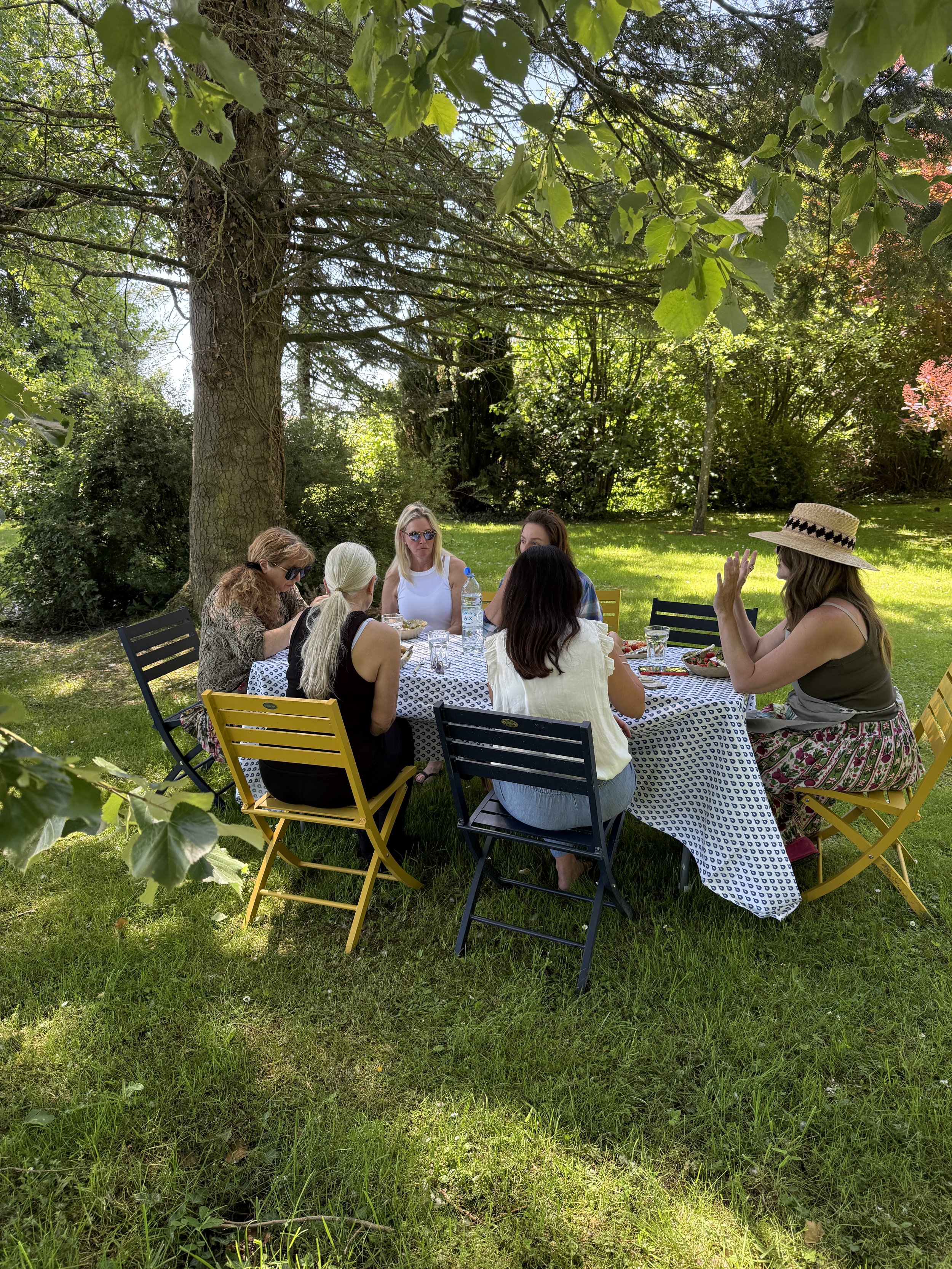 A group of women sitting around a table outdoors under a large tree, having a social gathering on a sunny day.