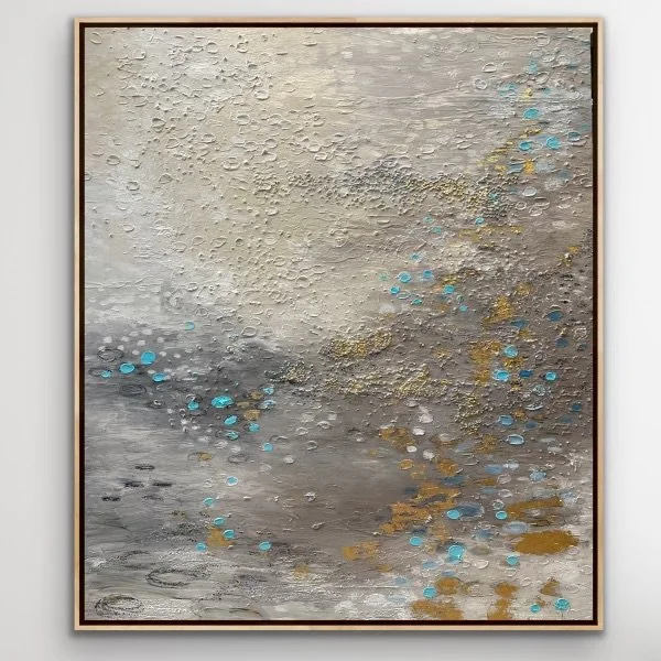 Abstract textured painting with gray, white, blue, and gold accents.