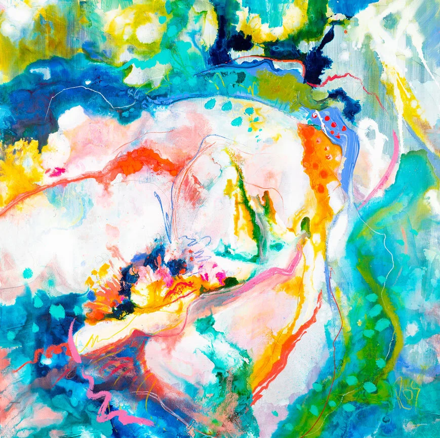 Abstract watercolor painting with vibrant splashes of blue, green, yellow, orange, pink, and white, featuring fluid and dynamic brushstrokes.