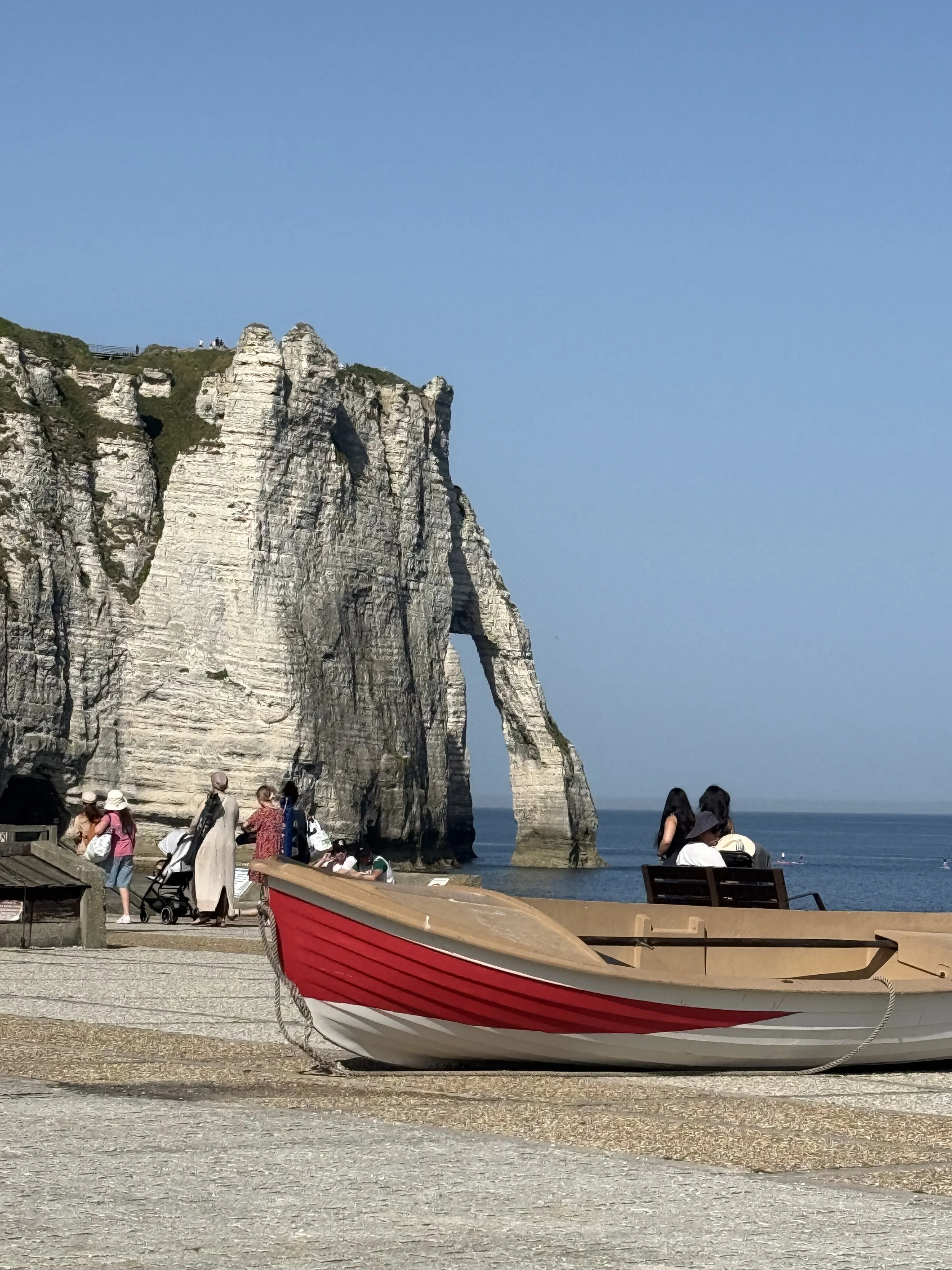 People sitting and standing near the cliff of a rocky coastal area with a boat in the foreground, the sea, and tall white cliffs with greenery in the background under a clear blue sky.