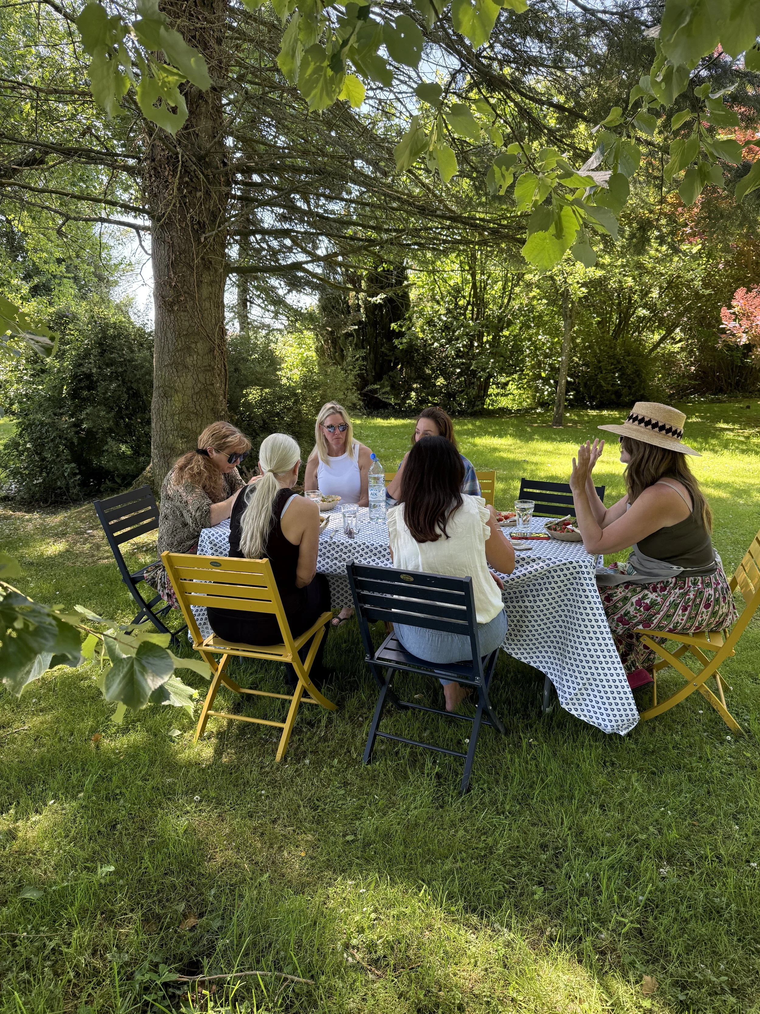 A group of women sitting around a table outdoors in a lush green garden, having a meal and engaging in conversation under the shade of trees.