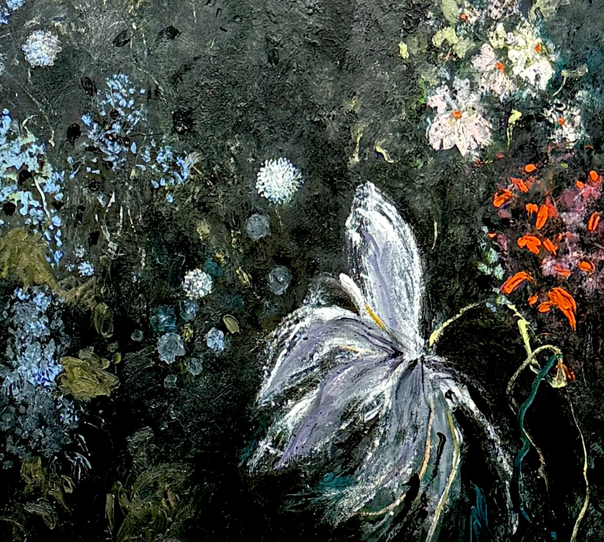 A colorful abstract painting of a waterfall flowing among various flowers and plants, with a dark background.