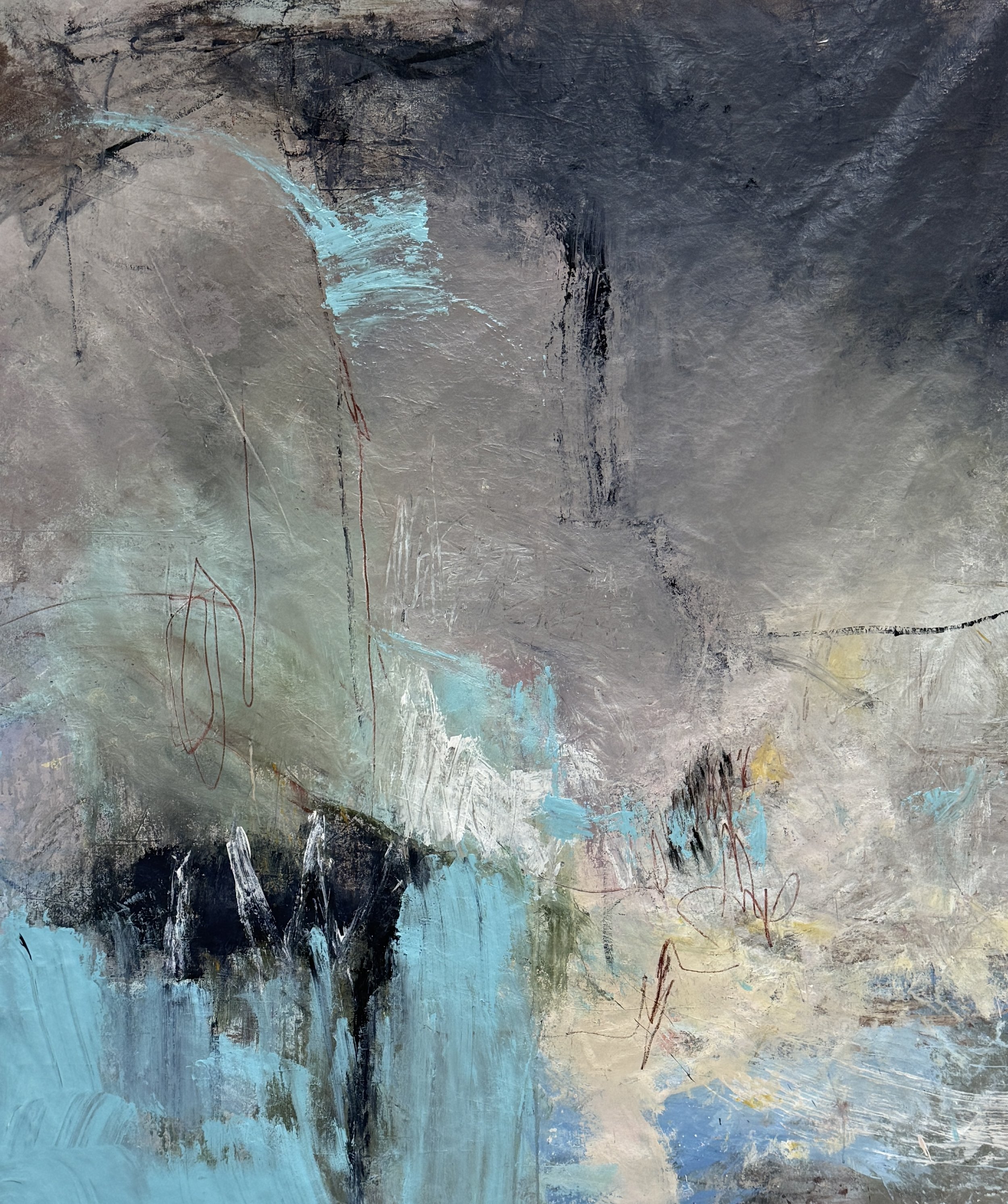 Abstract expressionist painting with shades of gray, black, blue, and touches of red and yellow, featuring textured brushstrokes and layered colors.