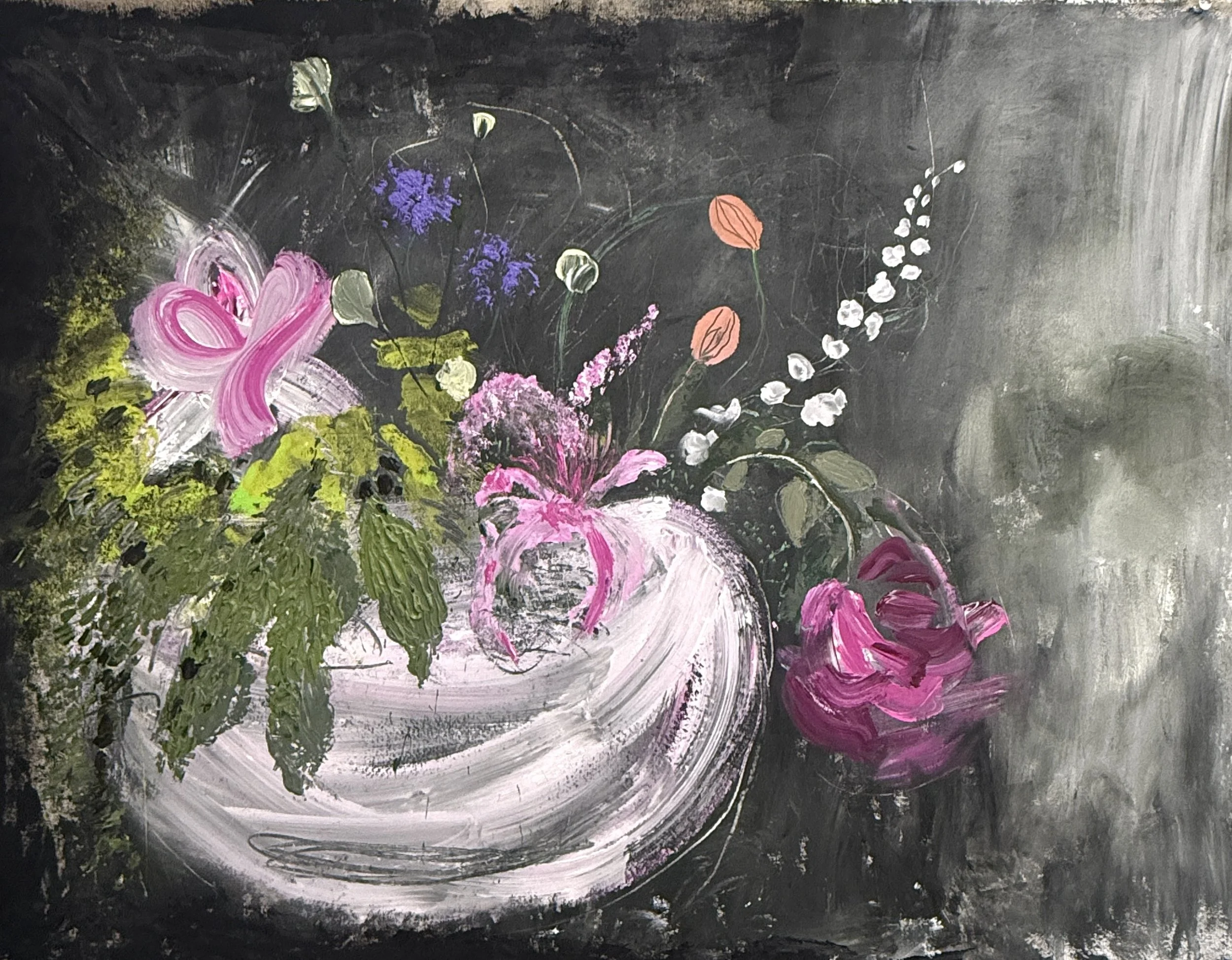 Abstract floral painting with pink, purple, and white flowers against a dark background.
