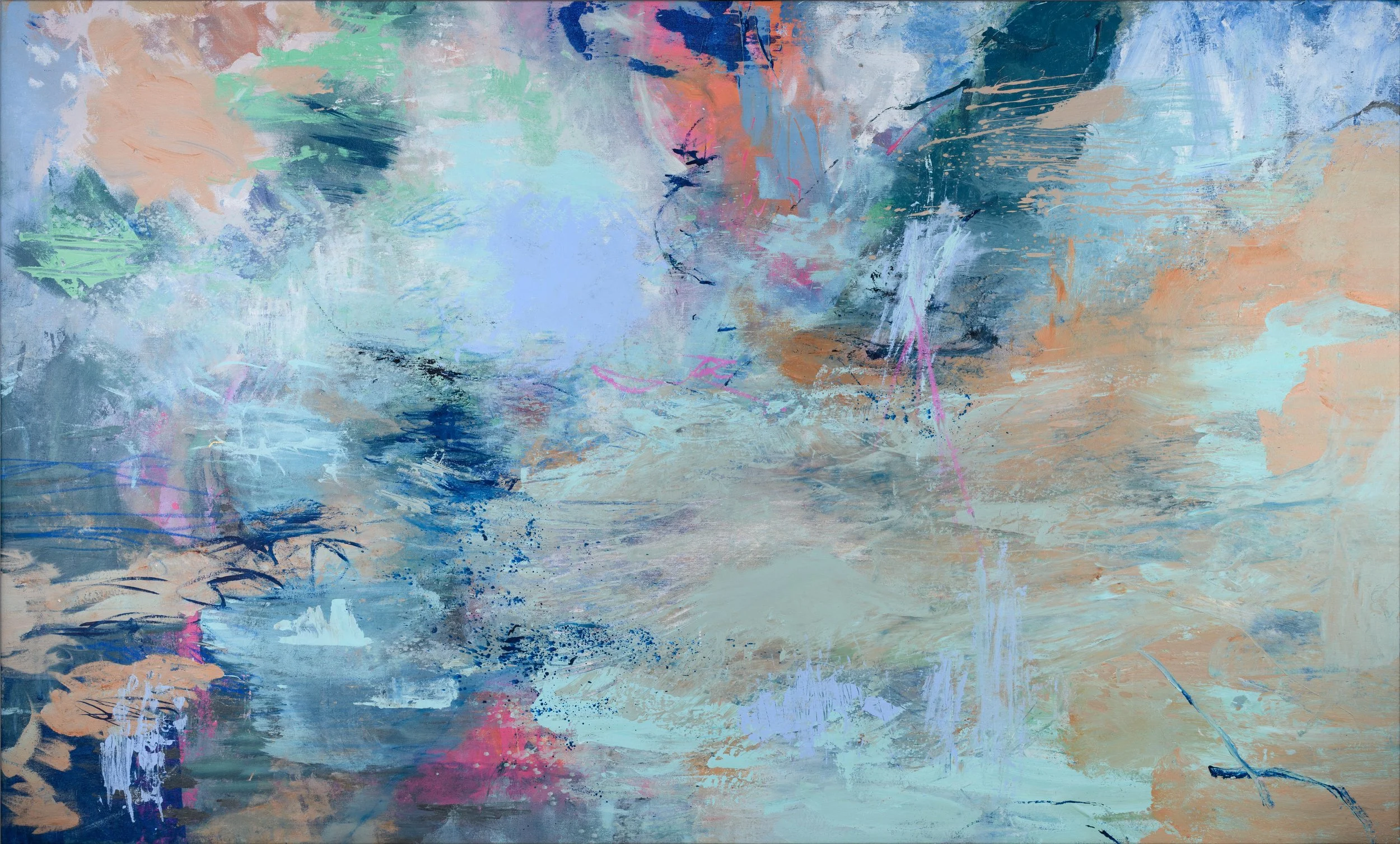 An abstract painting with a mix of soft pastel and bold colors, including blues, pinks, greens, and oranges, with various brushstrokes and textures.