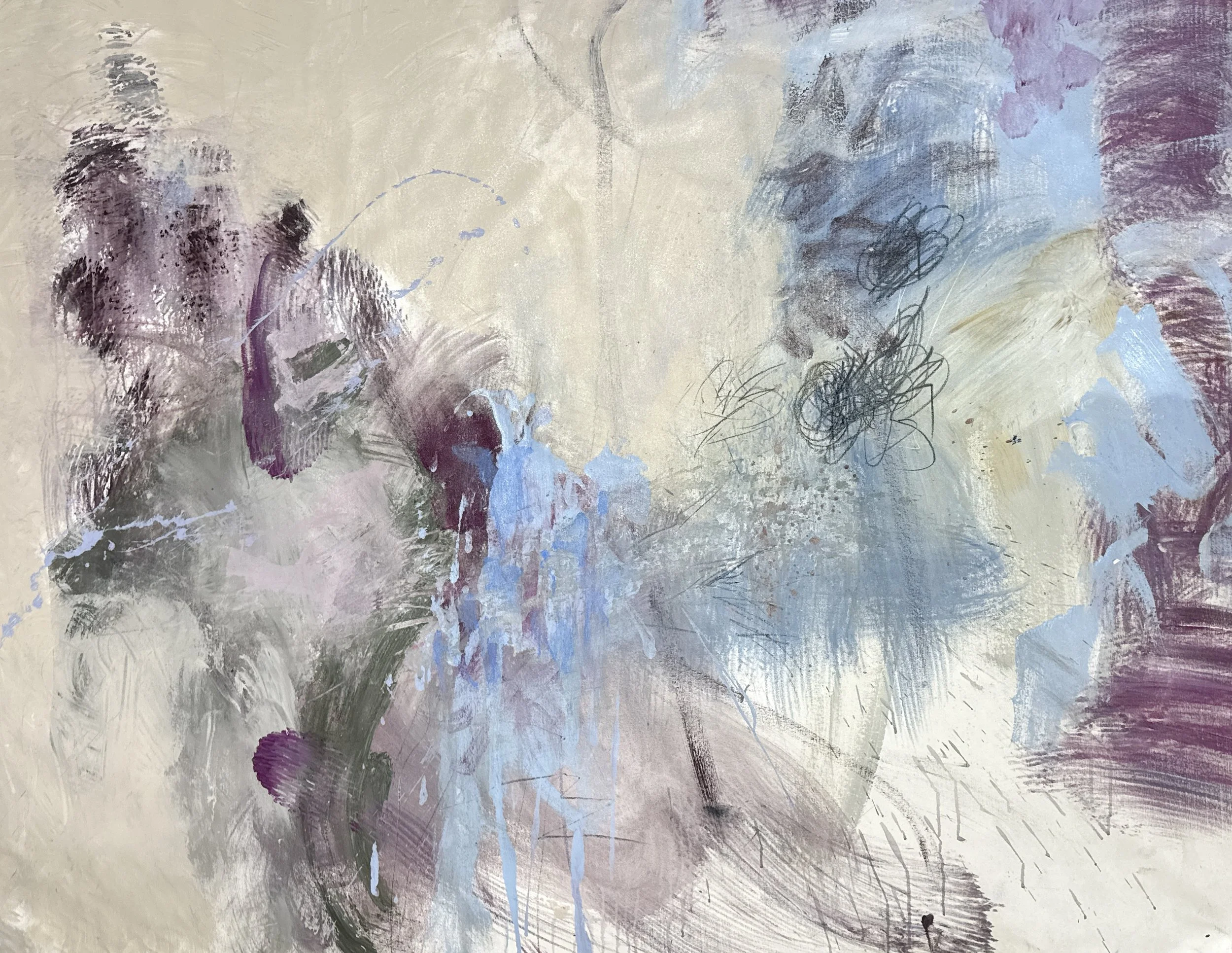 An abstract painting with a mix of soft pastel shades including purple, blue, black, and beige, featuring layered brushstrokes, scribbles, and textured elements.