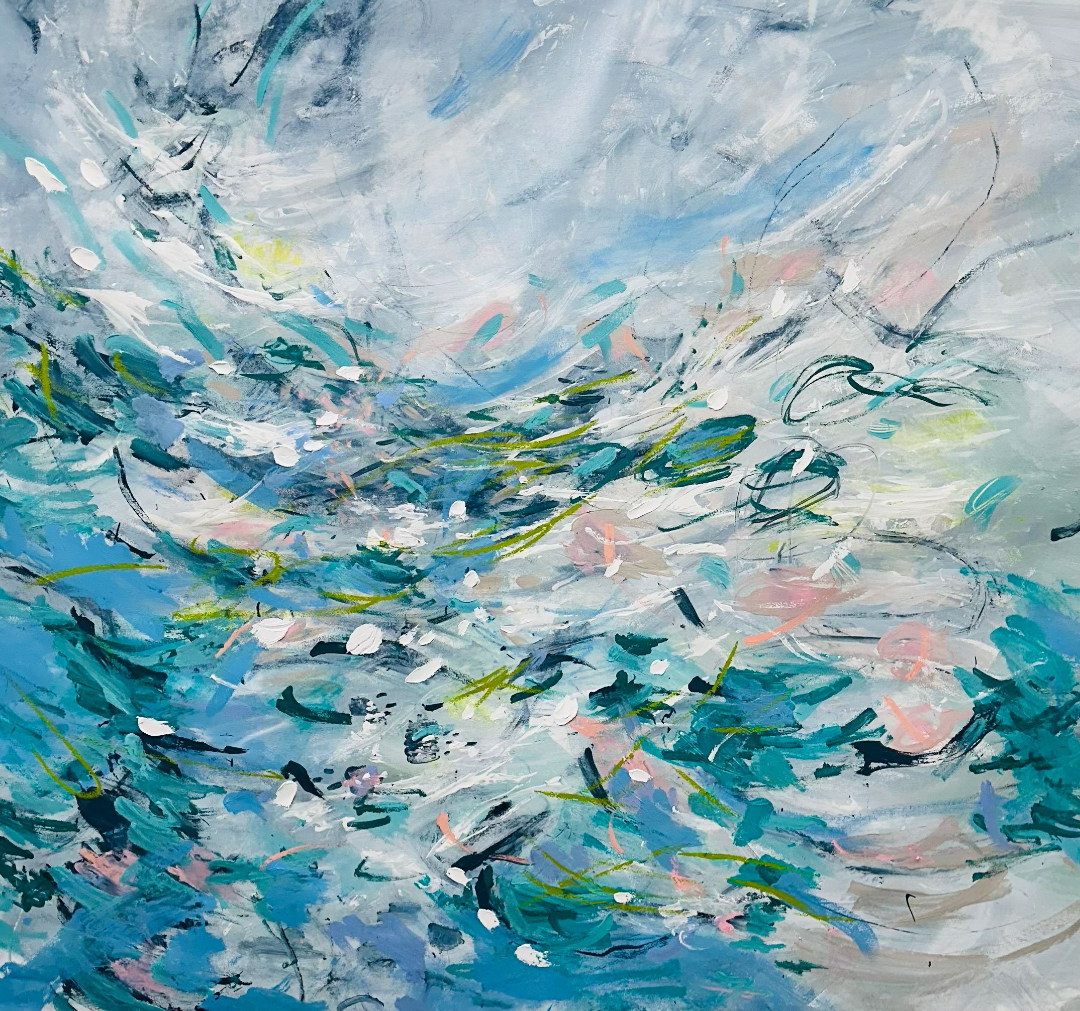 Abstract painting with dynamic brushstrokes in shades of blue, white, black, pink, and hints of yellow and green.