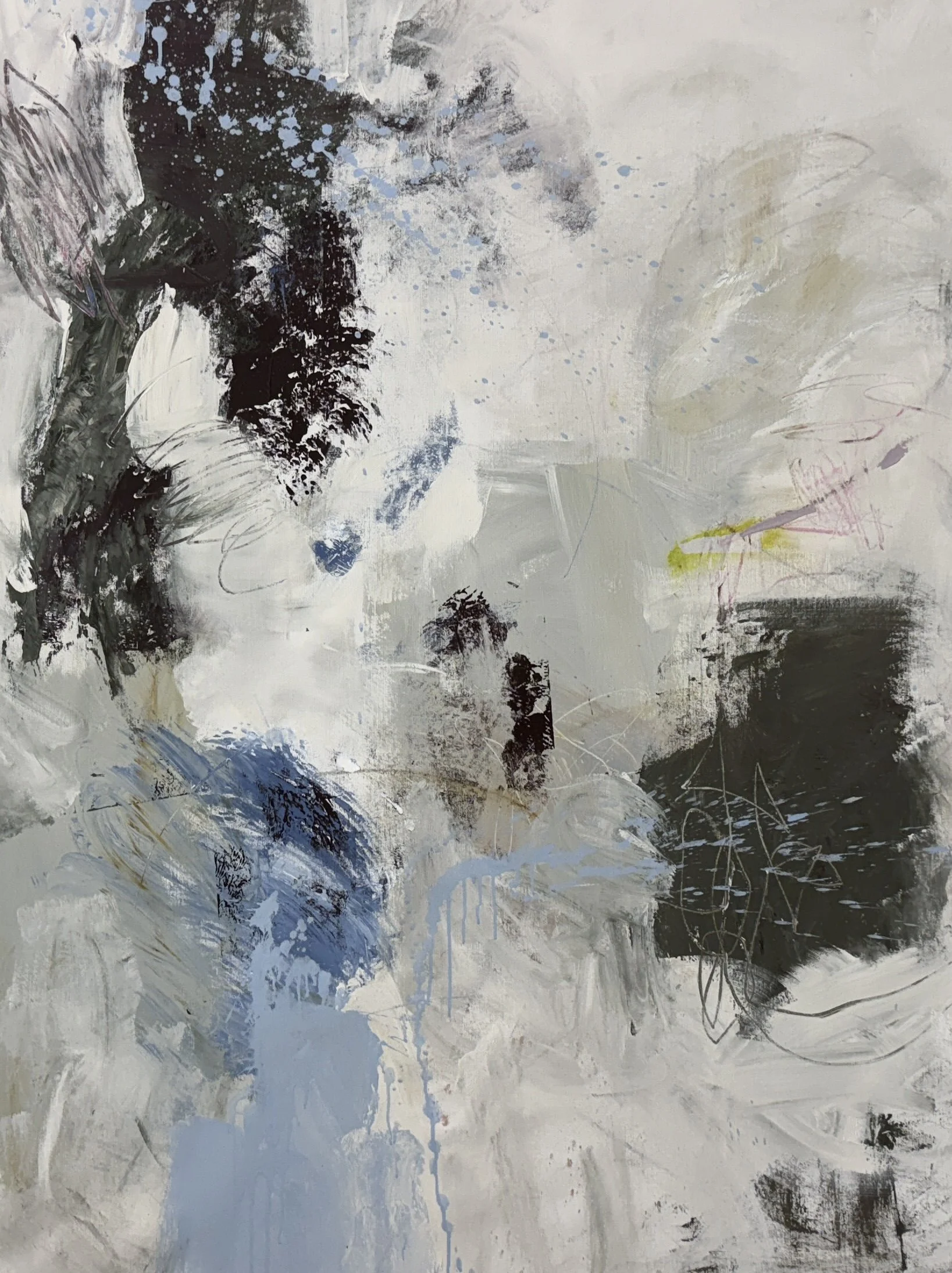 Abstract painting with shades of white, gray, black, and blue, featuring splatters, streaks, and textured brushstrokes.