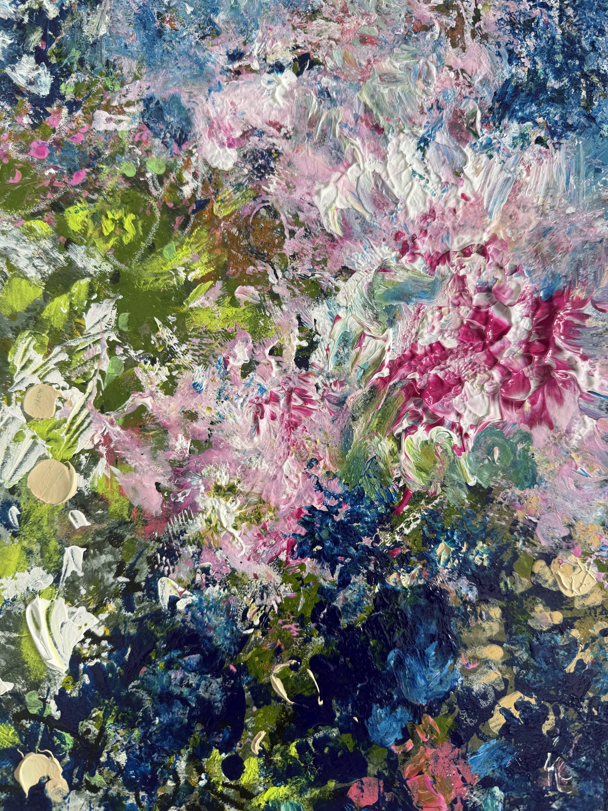 Abstract acrylic painting with vibrant swirls of pink, blue, green, white, and hints of black and beige.