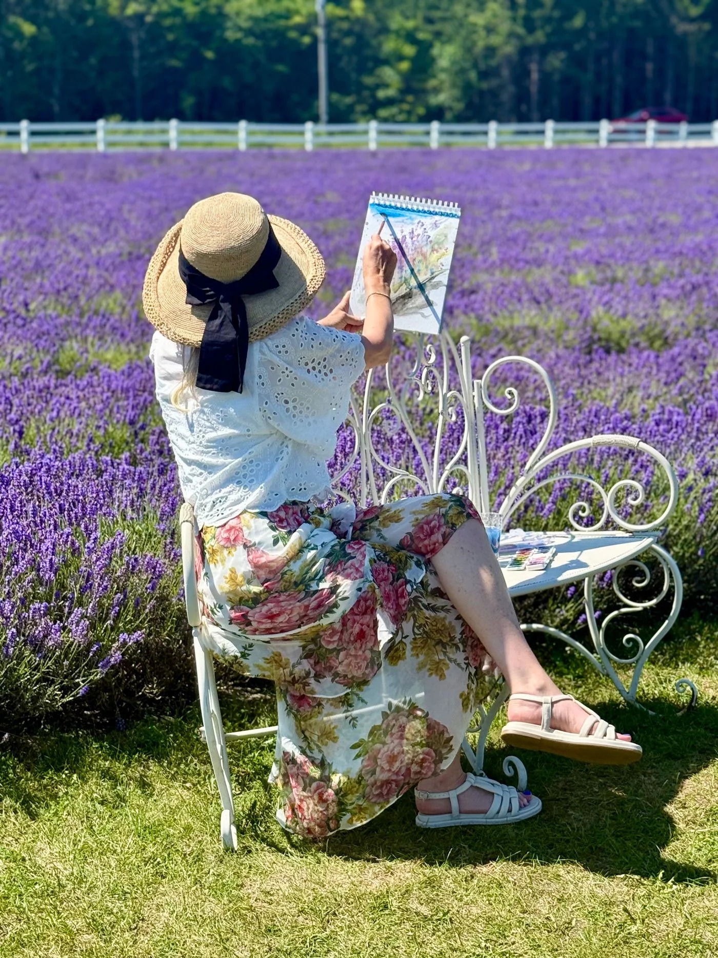 A woman wearing a large straw sunhat with black ribbon, a white eyelet top, and floral skirt, sitting on a white ornate garden bench in a field of purple lavender flowers, painting on a watercolor pad with a blue brush; lush trees and a fence are vis