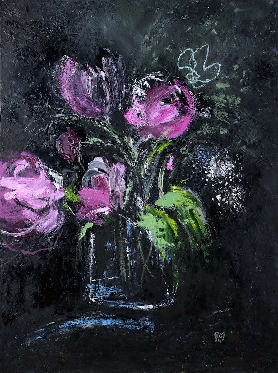 An abstract painting of pink roses in a glass vase against a dark background with some white and blue highlights.