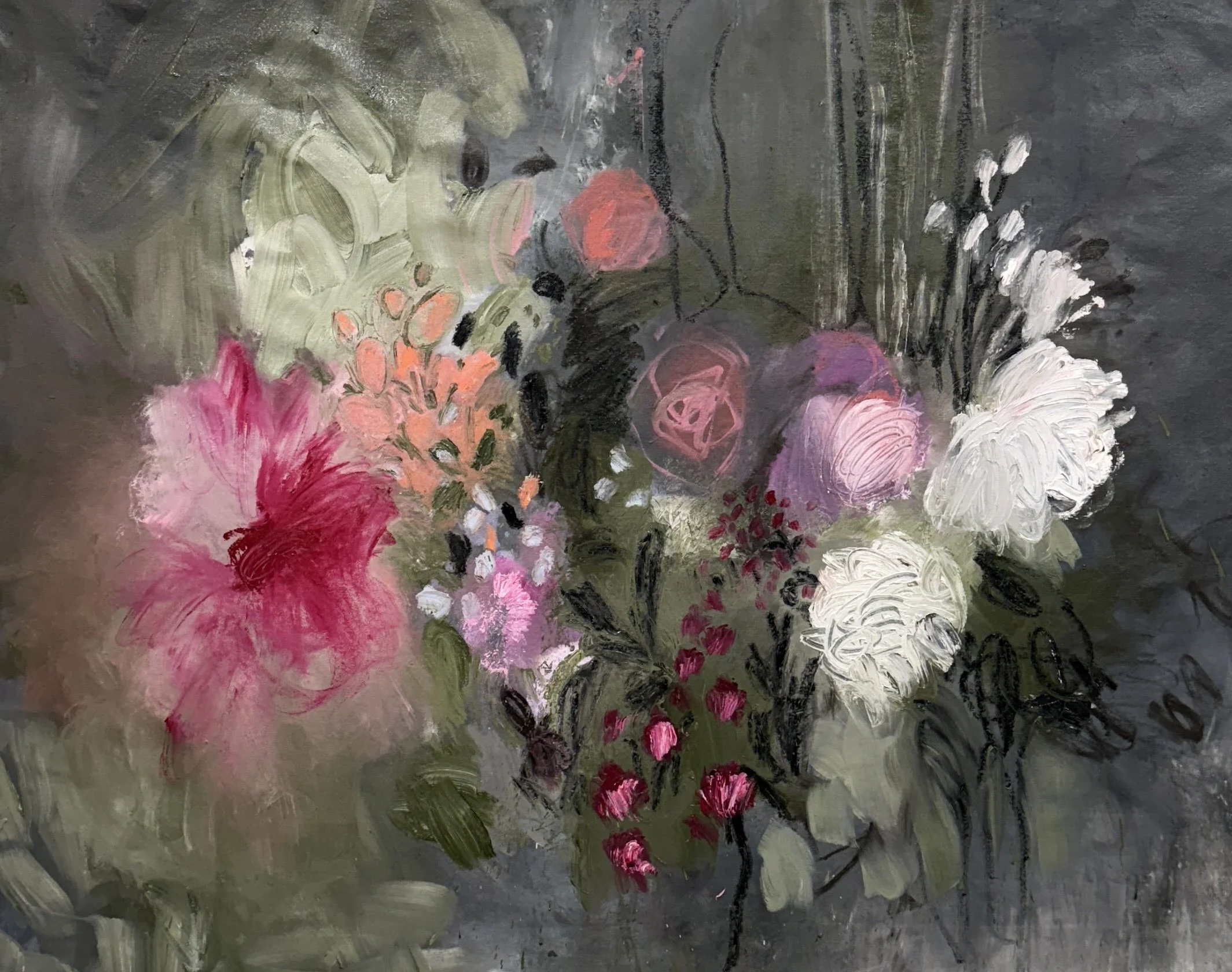 Abstract painting with various shades of pink, white, black, and olive green, featuring brushstrokes and floral-like shapes.