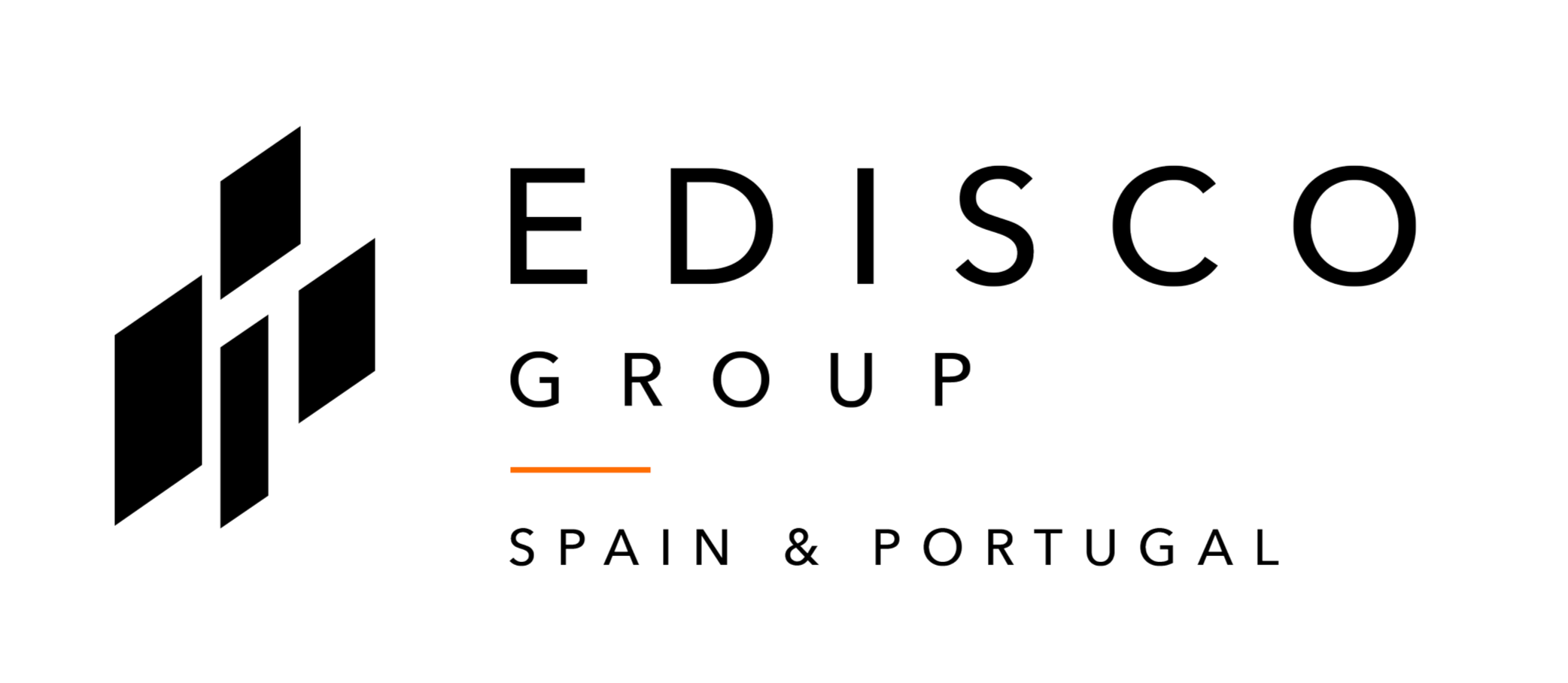 Logotipo del Grupo EDISCO con texto en inglés y español, y diseño gráfico abstracto con líneas negras y una línea naranja debajo