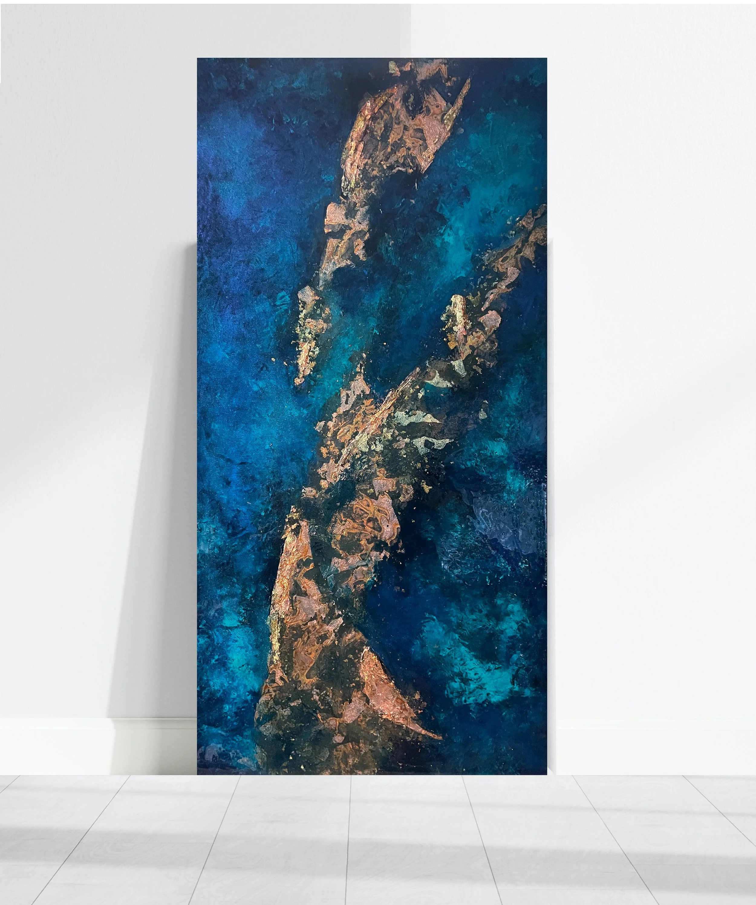 BlueDivide_oil_copper_and_gold_leaf_28x48_SharonElwell_2026.jpg