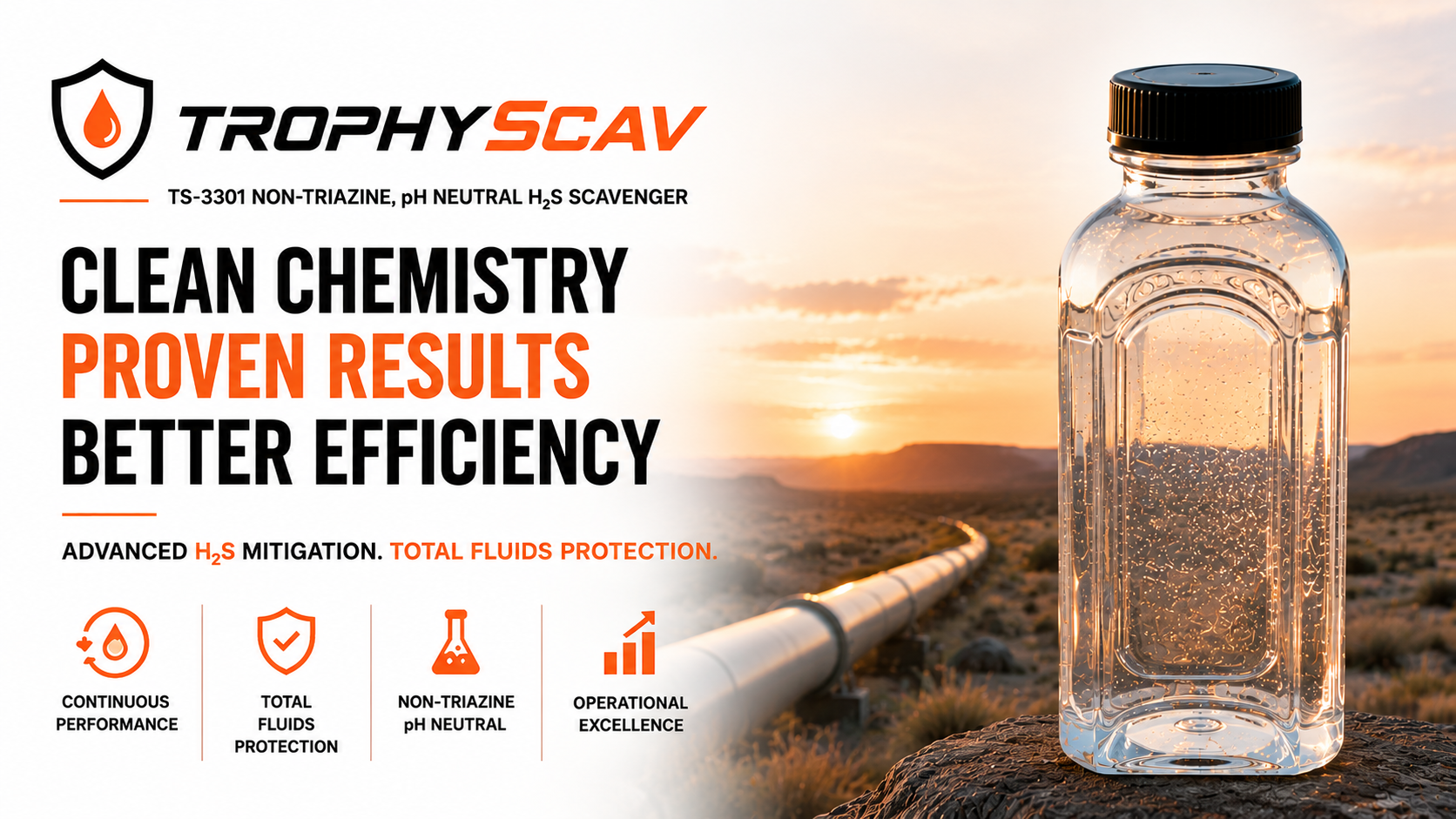 Promotional flyer for TrophySCAV, a hydrogen sulfide scavenger, featuring a transparent plastic bottle with bubbles inside, set against a desert landscape at sunset with a pipeline in the background.