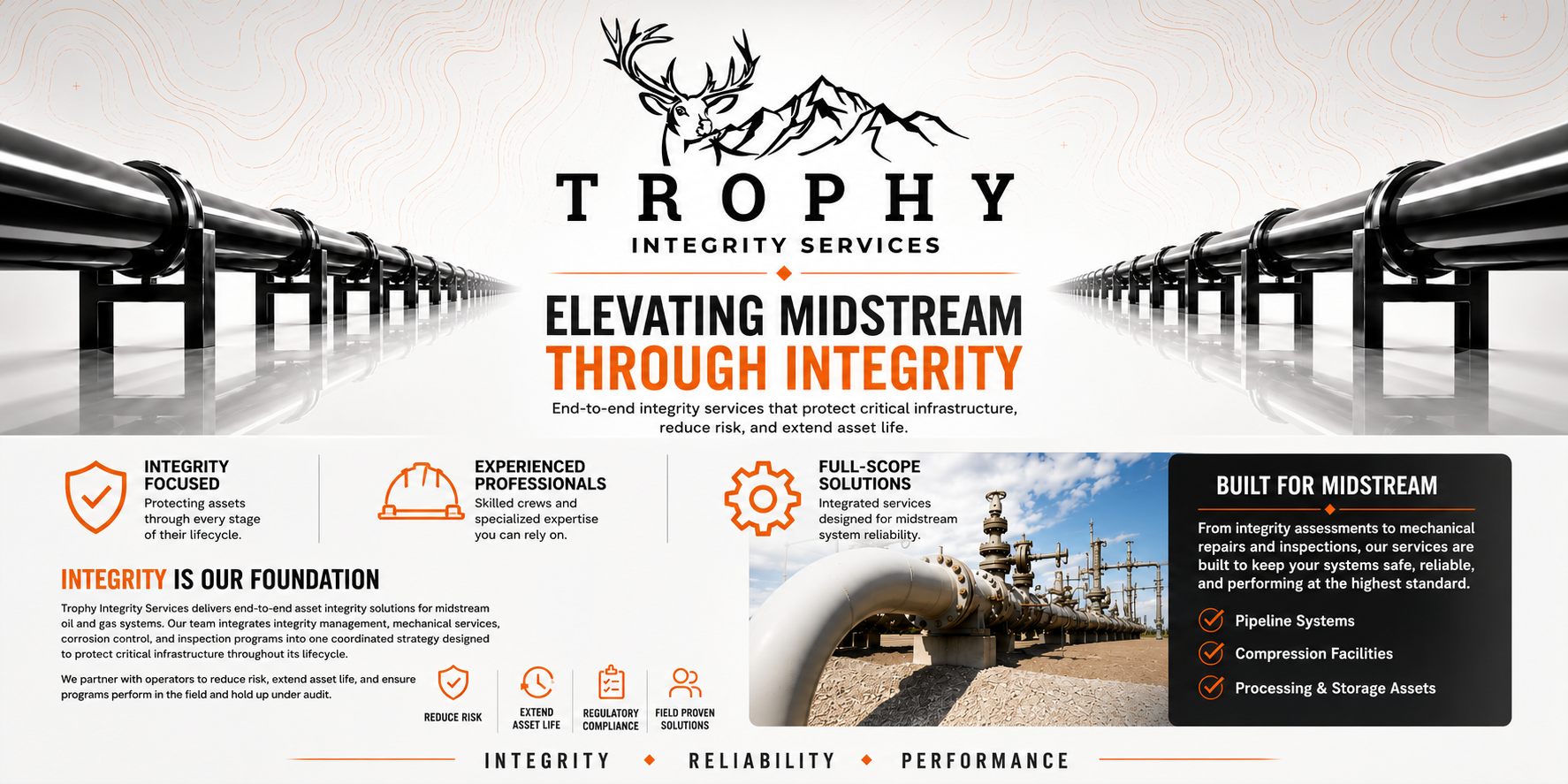 A promotional infographic for Trophy Integrity Services with a black pipeline extending into the distance on a white background, featuring mountain and deer graphics, and text emphasizing the company's focus on midstream asset integrity, experienced professionals, and full-scope solutions for pipeline, compression, and storage assets.