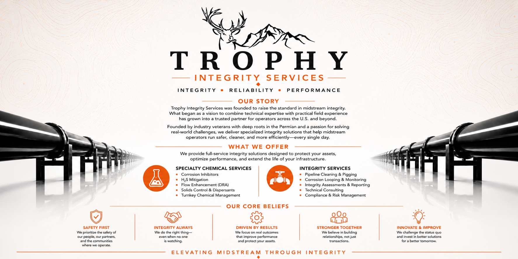 Company brochure for Trophy Integrity Services featuring a pipeline, mountain graphic, and sections on services and core beliefs.