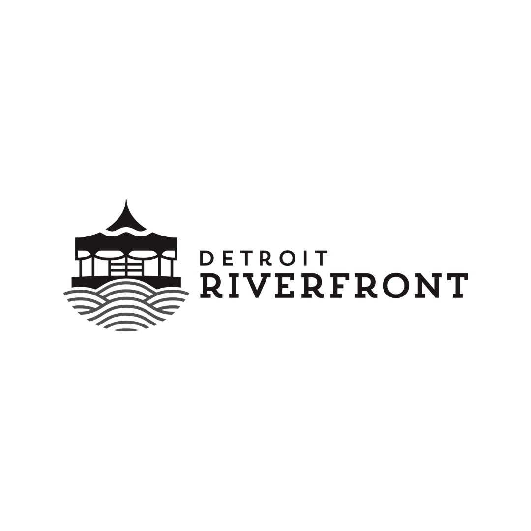 Logo of Detroit Riverfront with a black outline of a gazebo and stylized water waves, and the words 'Detroit Riverfront' beside it.