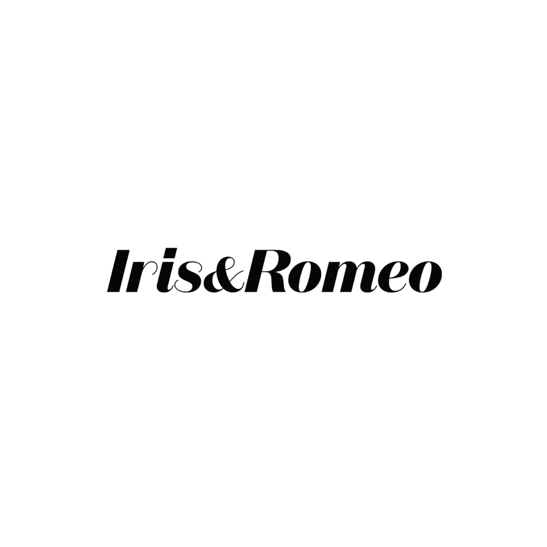 Black logo with a crown, a rose, and script text reading "Iris & Romeo".
