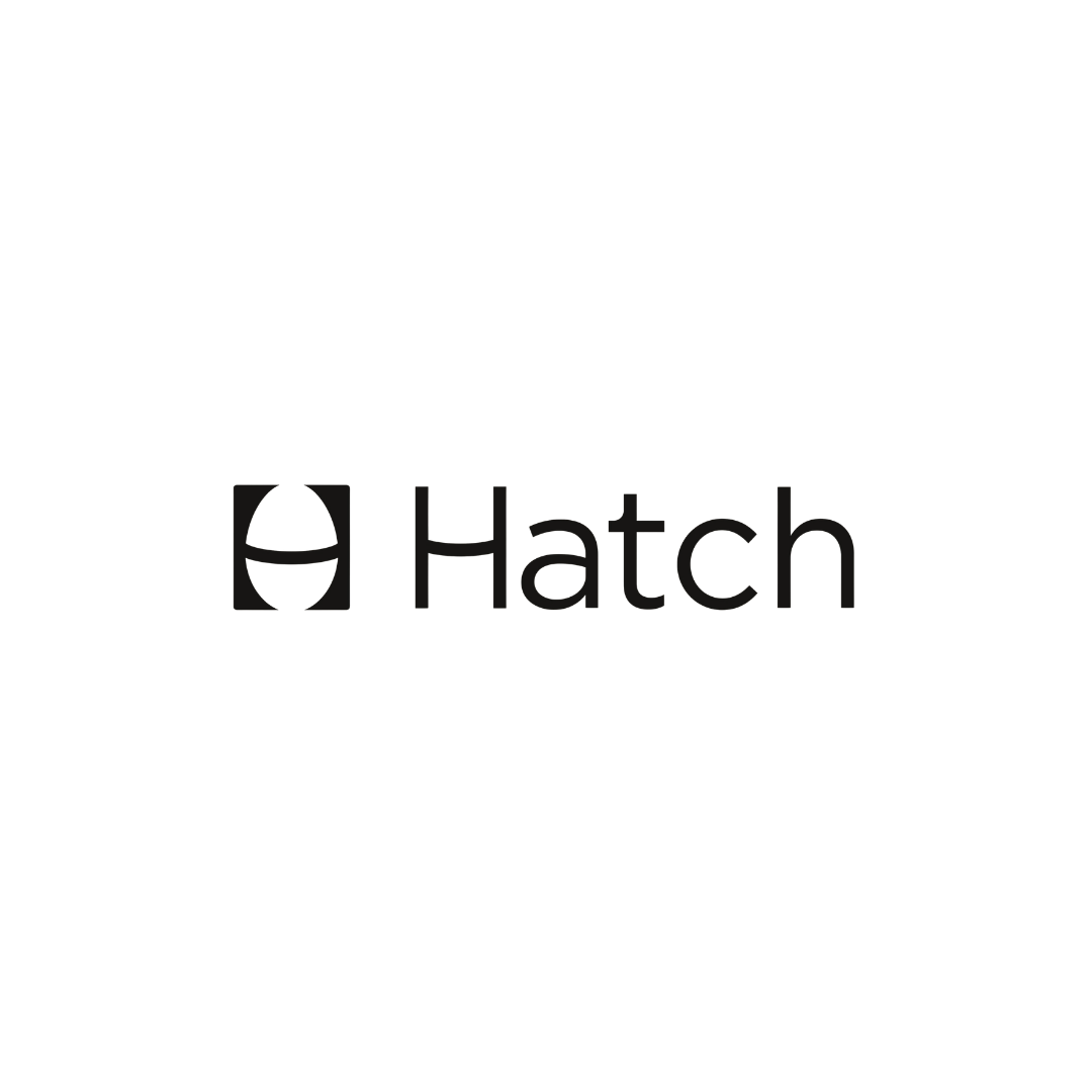 Black and white logo with a hexagon shaped icon resembling a stylized egg with a smiling face, and the word "Hatch" next to it.