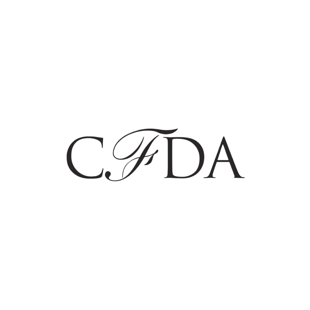 Black background with cursive 'C.F.DA' logo in the center.